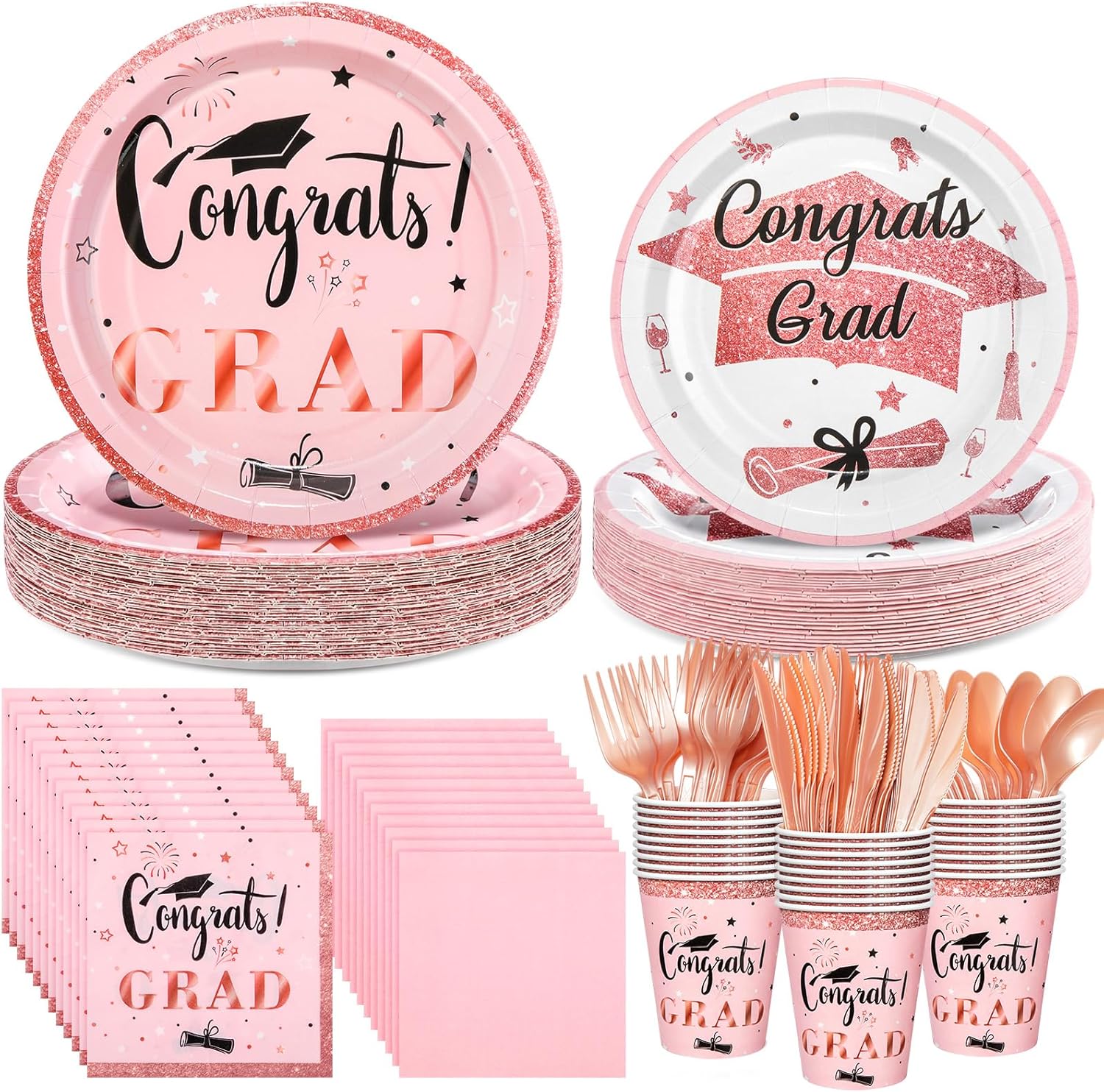 Domensi 400 Pcs 2026 Graduation Plates and Napkins Set Serve 50, Pink and Gold Graduation Party Supplies, Class of 2026 Paper Plates and Napkins 9oz Cup Knife Fork Spoon Congrats Grad Decorations