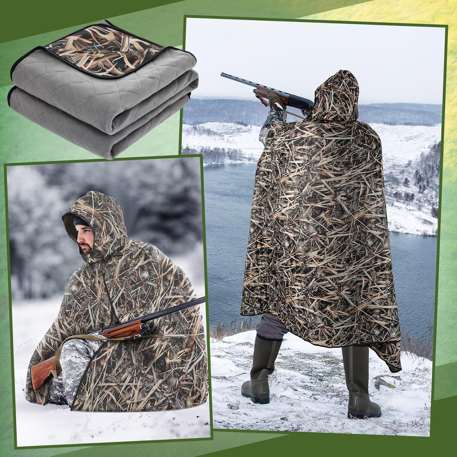 55" x 95" Waterproof Woobie Camo Blanket for Hunting Extra Outdoor Stadium Blankets Sherpa Lining with Hood and Storage Pocket for Deer Duck Hunting Gear Blind Accessories(Waterfowl Grass Camo) - Image 6