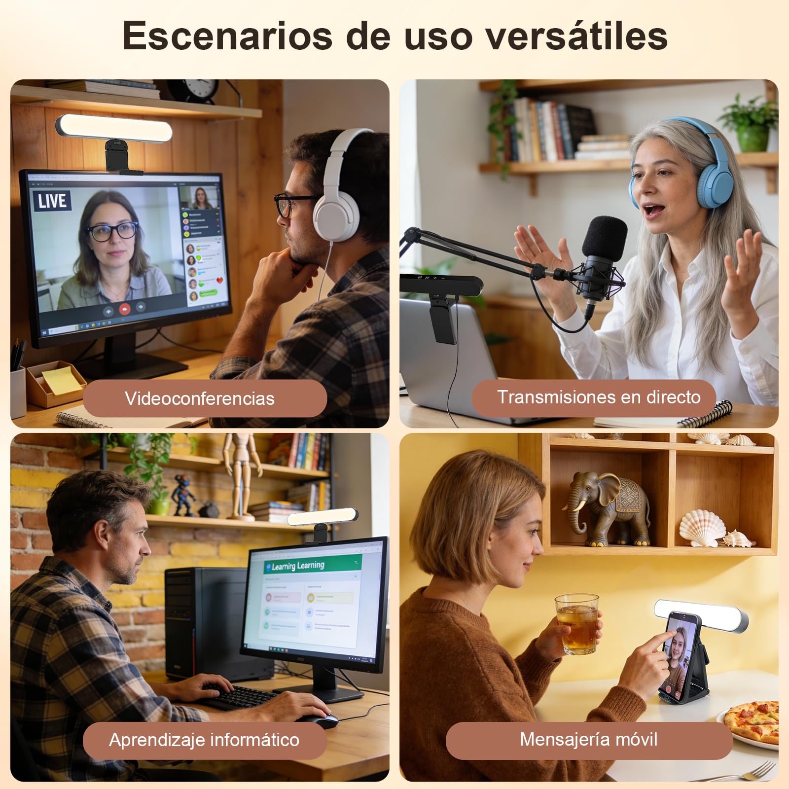 Luz Video Streaming con Mando a Distancia, Iluminación LED Monitor 3 Temperaturas Color & 10 Niveles Brillo, Luz Video 360° Giratoria para PC, Oficina, Reuniones Video, USB, Instalación Sencilla
