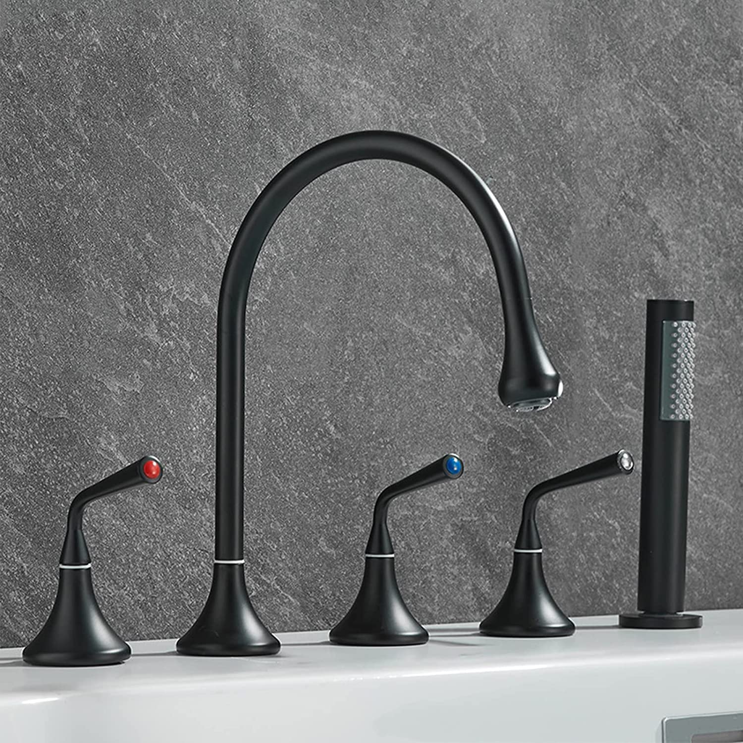 Rubinetto per vasca, rubinetto di riempimento vasca ad alto flusso, rubinetto da bagno diffuso a 5 fori, rubinetto miscelatore a tre maniglie con doccia portatile e beccuccio per vasca, set di