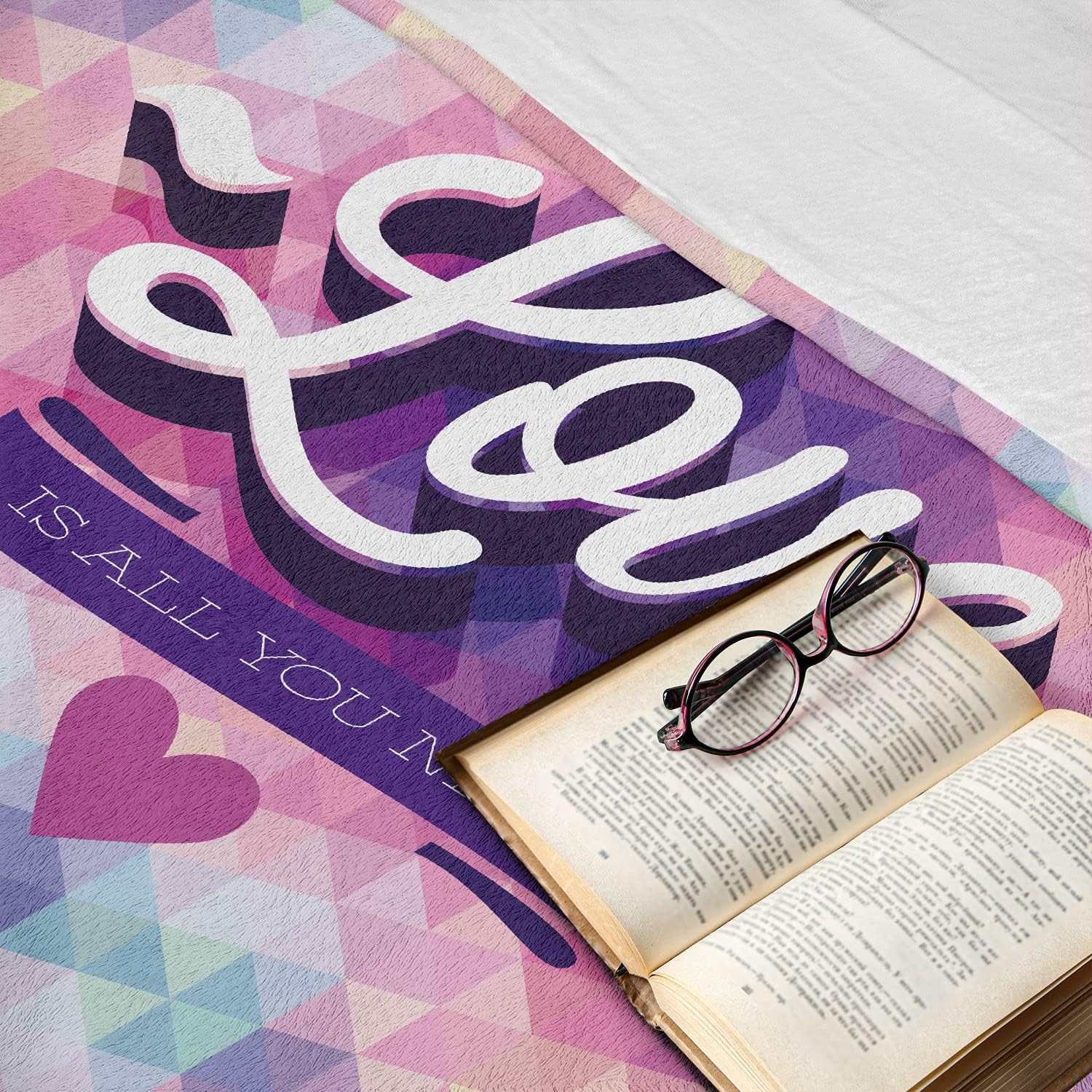 Lunarable Vintage Throw Blanket, Love Theme Romantic Valentine's Day Retro Art Ribbon and Mosaic Pattern, Flannel Fleece Accent Piece Soft Couch Cover for Adults, 50" x 60", Pink and Purple