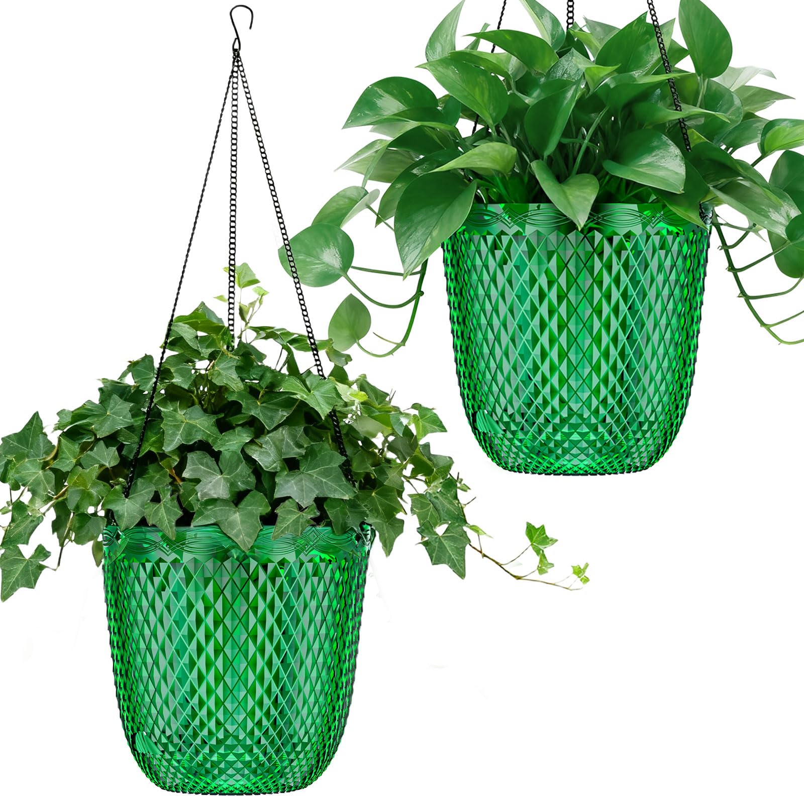 QCQHDU Self-Watering Hanging Planters, 2 Pieces, 7.2 Inches, Hanging Planters for Indoor and Outdoor Plants, Flower Pots with Drainage Holes and 3 Hook Chains for Garden, Home, Emerald