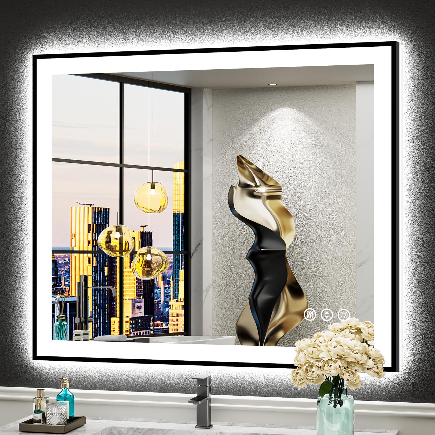 30x36 Black Framed LED Bathroom Mirror Backlit &amp; Front Lit Anti-Fog | Lighted Vanity Mirror, Dimmable 3-Color Light, Memory, CRI95, Tempered Glass, IP54 Waterproof, UL Listed, Horizontal/Vertical