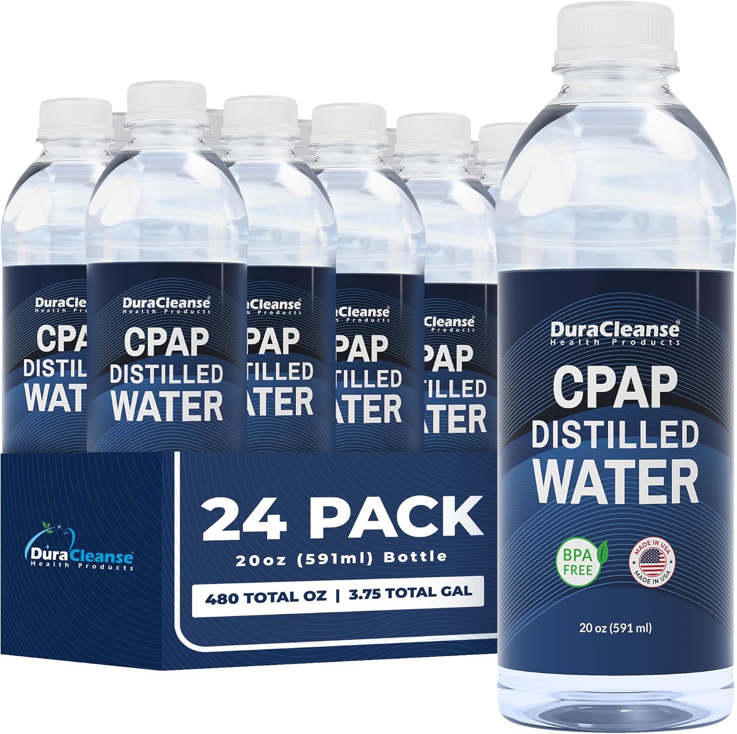 Dura Cleanse Distilled Water for CPAP Machines 24 Pack (20 oz each) Travel Size Bottles for Resmed, Respironics Machines, Personal Humidifier - Made in USA, BPA-Free, Clean, Multi-Use, Travel-Friendly