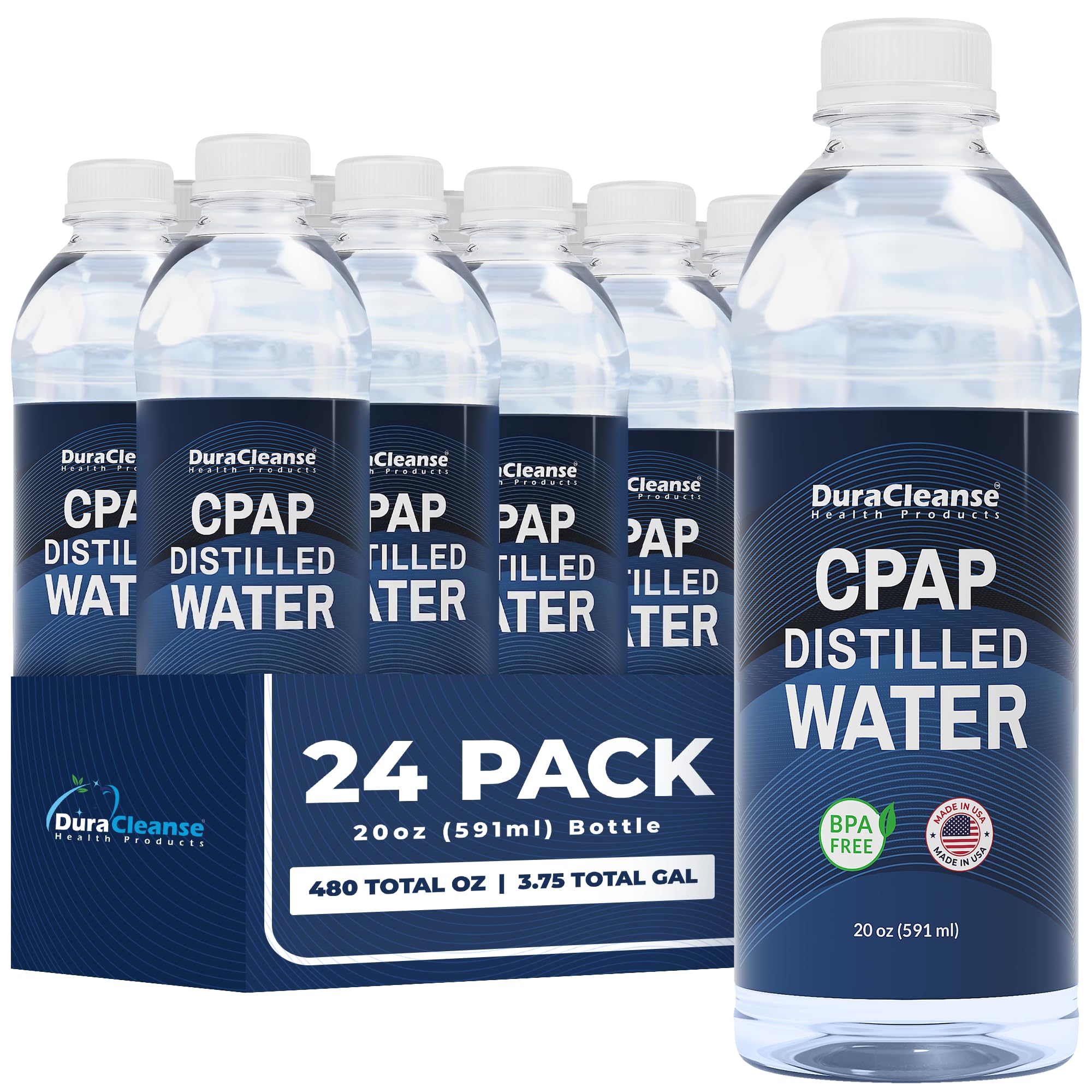 Dura Cleanse Distilled Water for CPAP Machines 24 Pack (20 oz each) Travel Size Bottles for Resmed, Respironics Machines, Personal Humidifier - Made