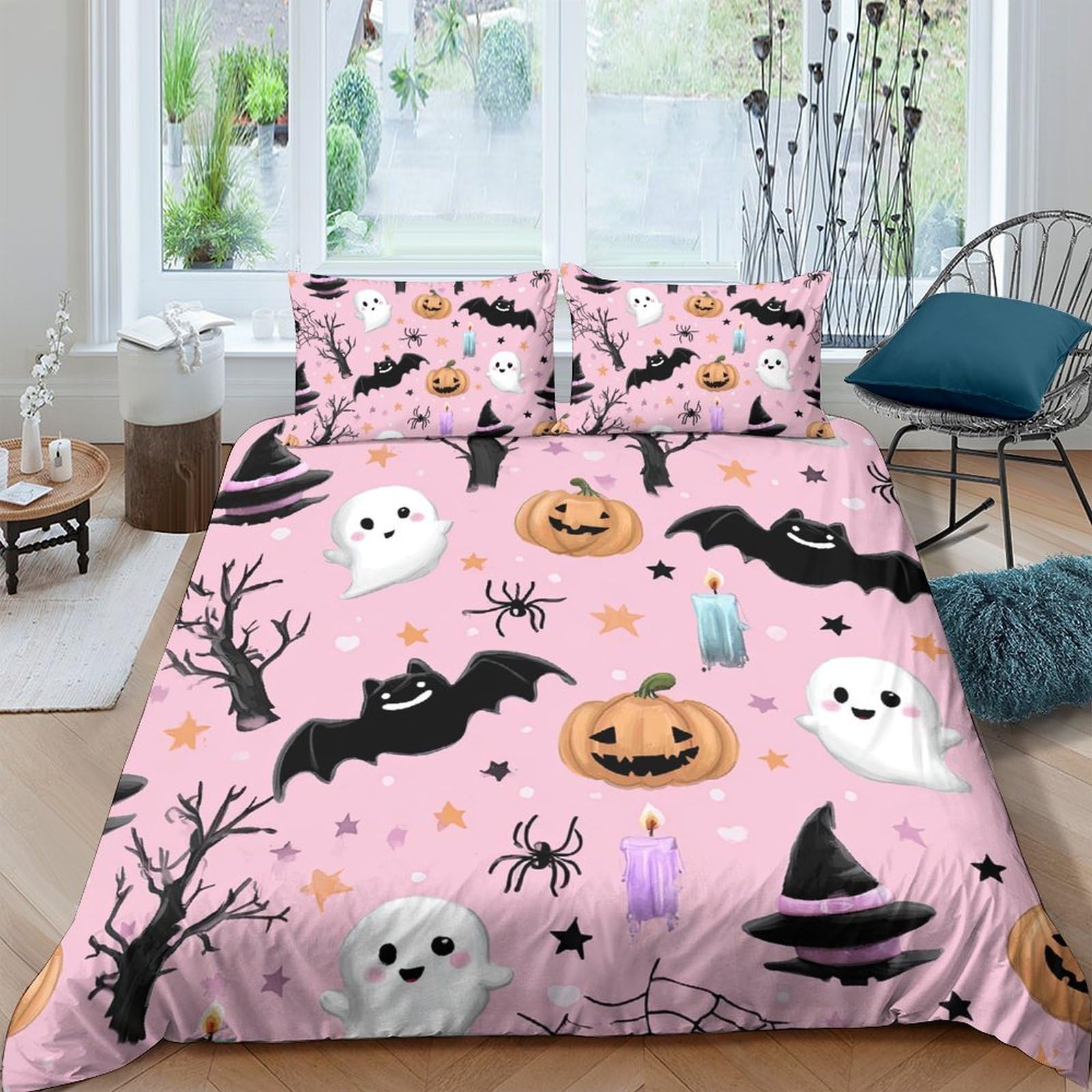 Ctjqhvkz Style-5 3D Printed Cute Ghost Pumpkin Fitted Sheet Microfiber Pink Halloween Bat Bed Cover For Bedroom Dorm Mattress Decor Single（135X200cm）