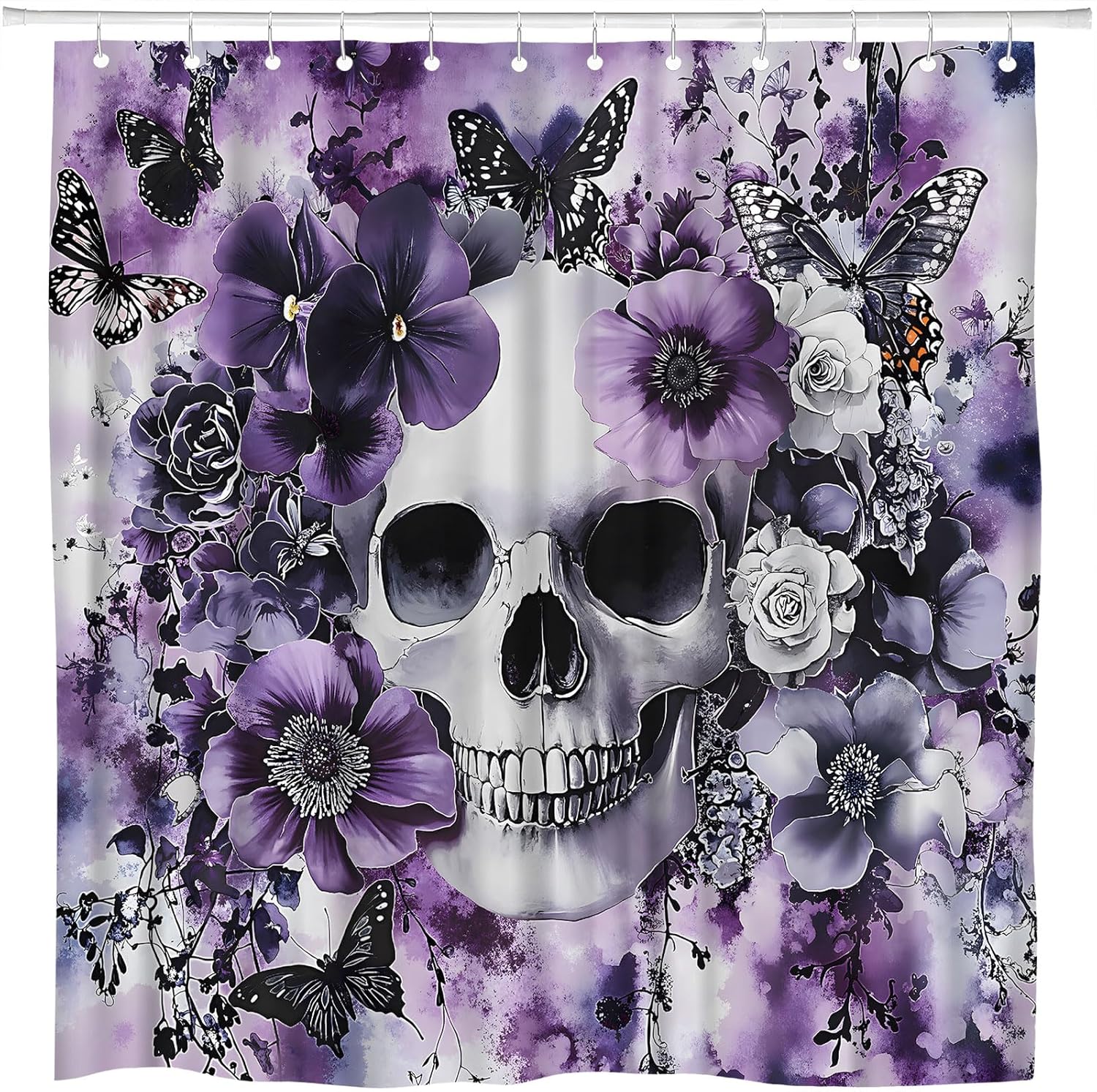 Skull Flower Shower Curtain Black White Grey Fantasy Floral Suger Skeleton Butterfly Gothic Magic Witchcraft Halloween Bathroom Polyester Curtains Set with Hooks 70x84 Inch