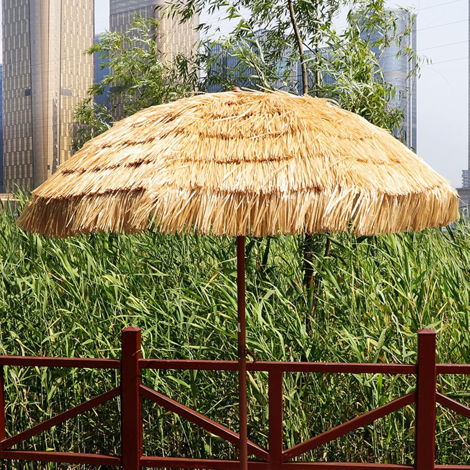 WWJ Thatched Patio Slanted Umbrella, Hawaiian Style Patio Umbrella