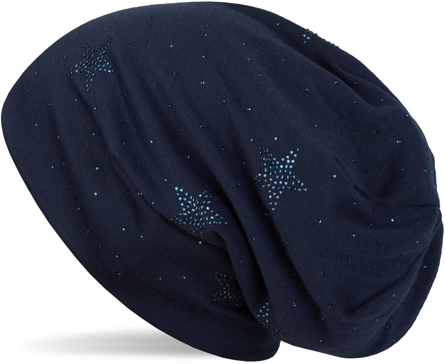 Stylebreaker Women's Midnight-Blue / Dark Blue Beanie Hat With Rhinestone Stars And All-Over Rhinestones, Slouch Long Beanie, 04024116, Colour:midnight-Blue/Dark Blue