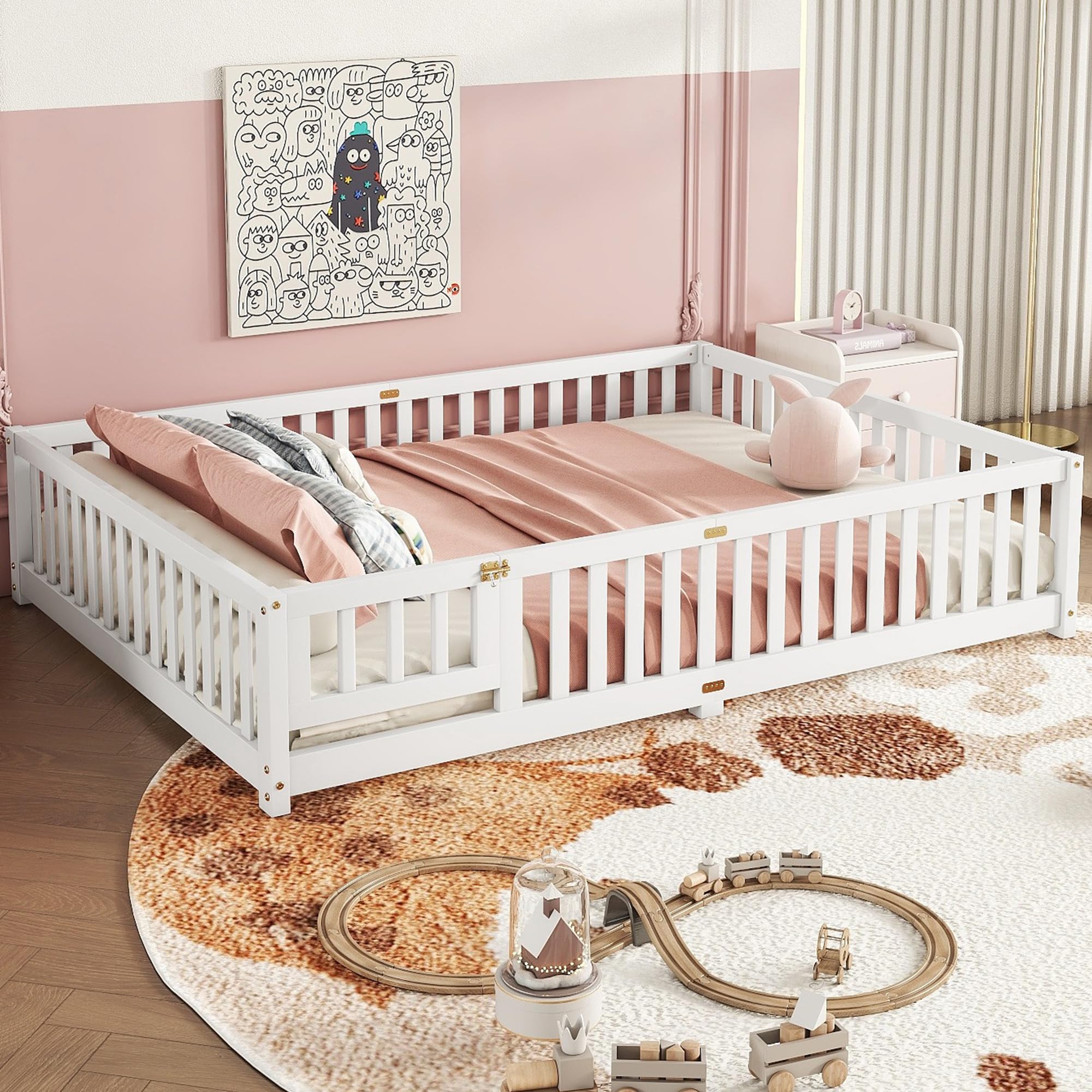 Queen Size Floor Bed with Slats and Center Support Bar, Queen Size Montessori Floor Bed with Fence and Door, Kids Montessori Beds, Queen Size Floor Beds for Kids, Girls, Boys, White