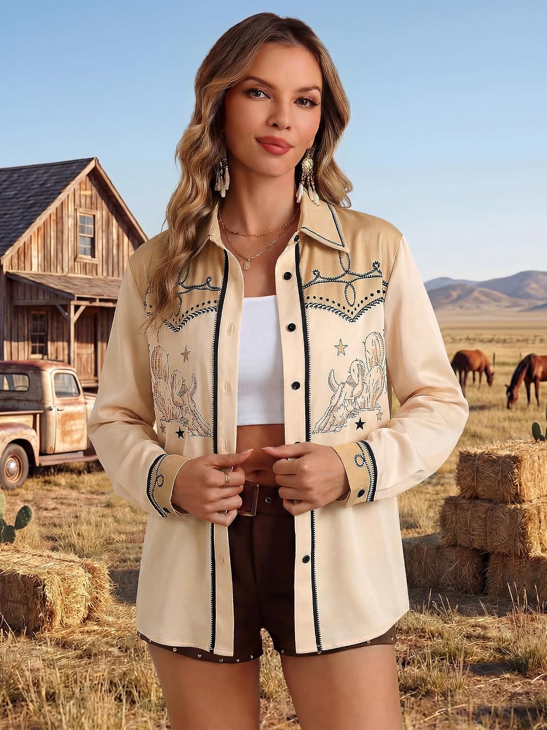 MYMORE Women's Western Cowgirl Rodeo Print Shirt Top Country Concert Outfit