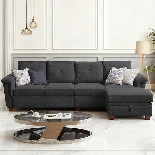 108" Sectional Sofa, Convertible L Shaped Sofa with Ottoman and Large Storage, 4 Seat Sectional Couch with Cup Holder, Couches for Living Room, Gris