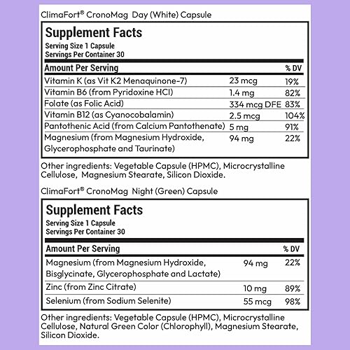 Miniatura 7 de ClimaFort CronoMag  Magnesio para mujeres en la menopausia  5 sales de bisglicinato + glicerofosfato  B12  Suplemento energético  1 mes de suministro