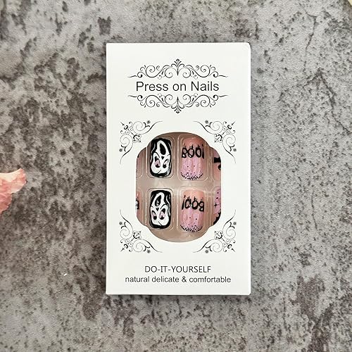 Miniatura 6 de Uñas postizas a presión con diseño de fantasma, cuadradas, cortas, para Halloween, con diseño de cara de fantasma de murciélago negro, uñas