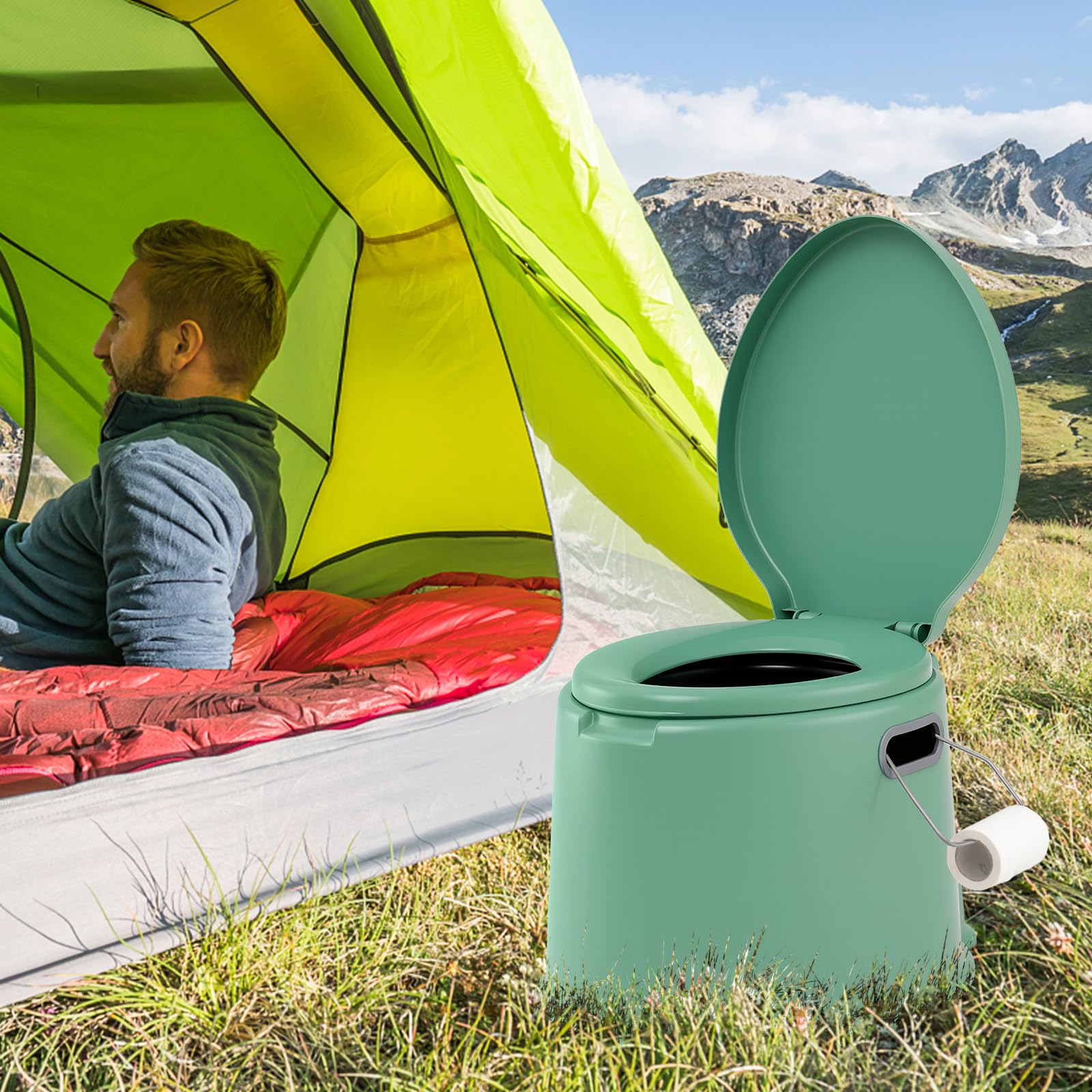 GOPLUS 5L Campingtoilette, Tragbare Toilette, Reisetoilette mit Toilettenpapierhalter, Nottoilette Eimertoilette, Komposttoilette mit Sitz und Deckel, mit abnehmbare Eimer, für Reise Camping