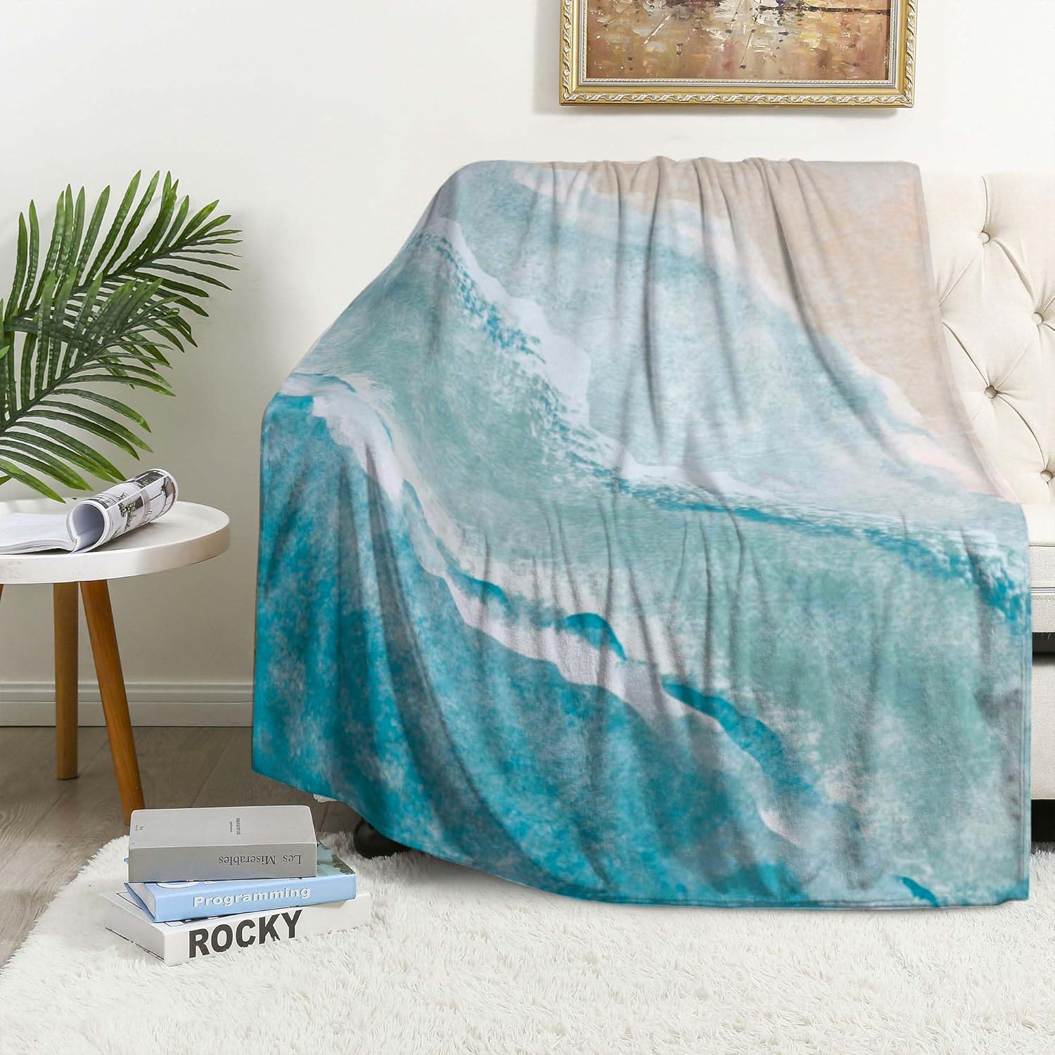 Coastal Beach Throw Blanket Ultra-Soft Cozy Coastal Decor Fleece Blankets Lightweight Teal Ocean Art Flannel Blanket for Couch Sofa Bedding Home Decor (60" L x 50" W, Coastal) - Image 4