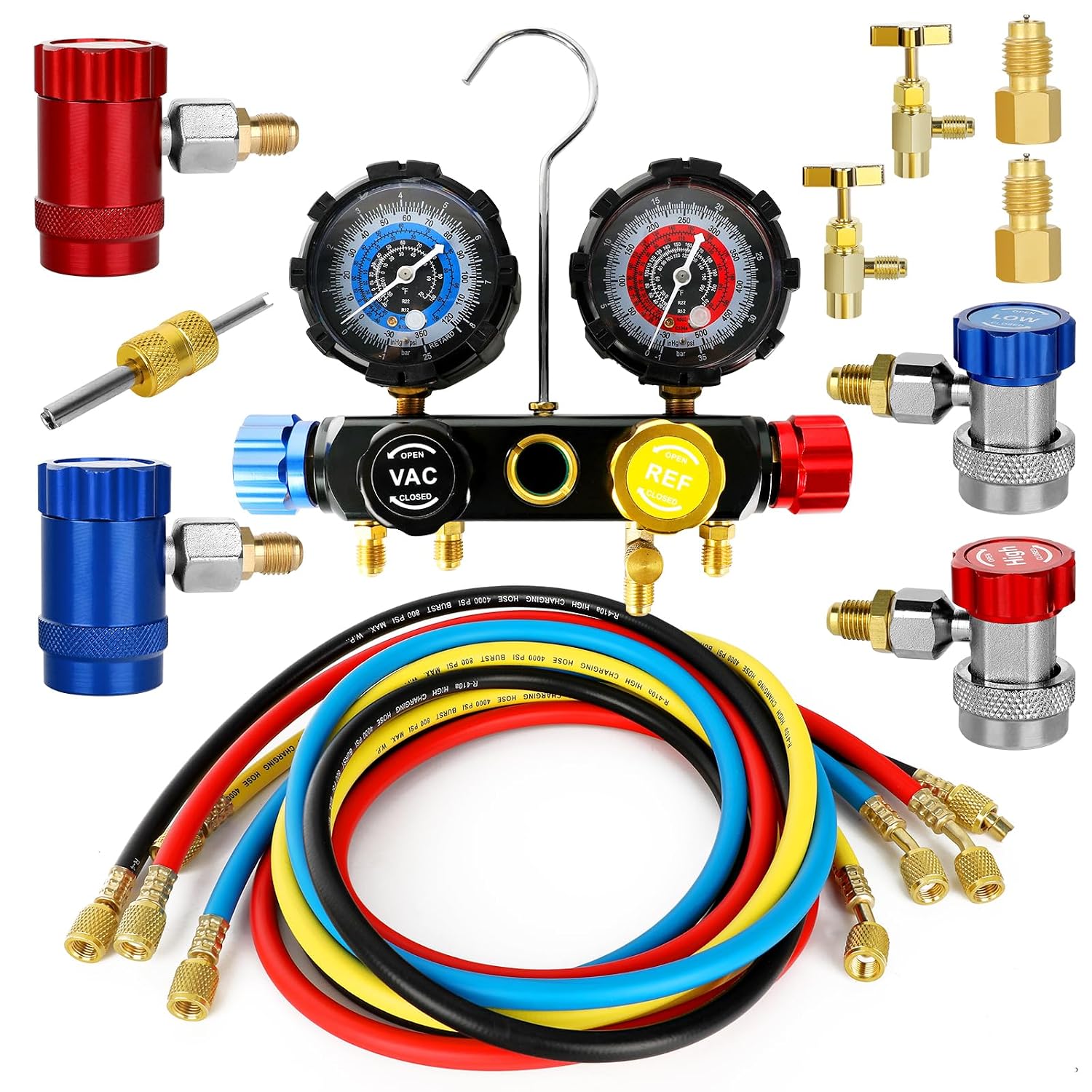 AC R1234yf R134a Gauge Set - Automotive 4 Valve Manifold Gauge Set AC Gauges Compatible with R1234yf R134a Refrigerants HVAC Gauges with Hoses for Car Freon Charging and Evacuation