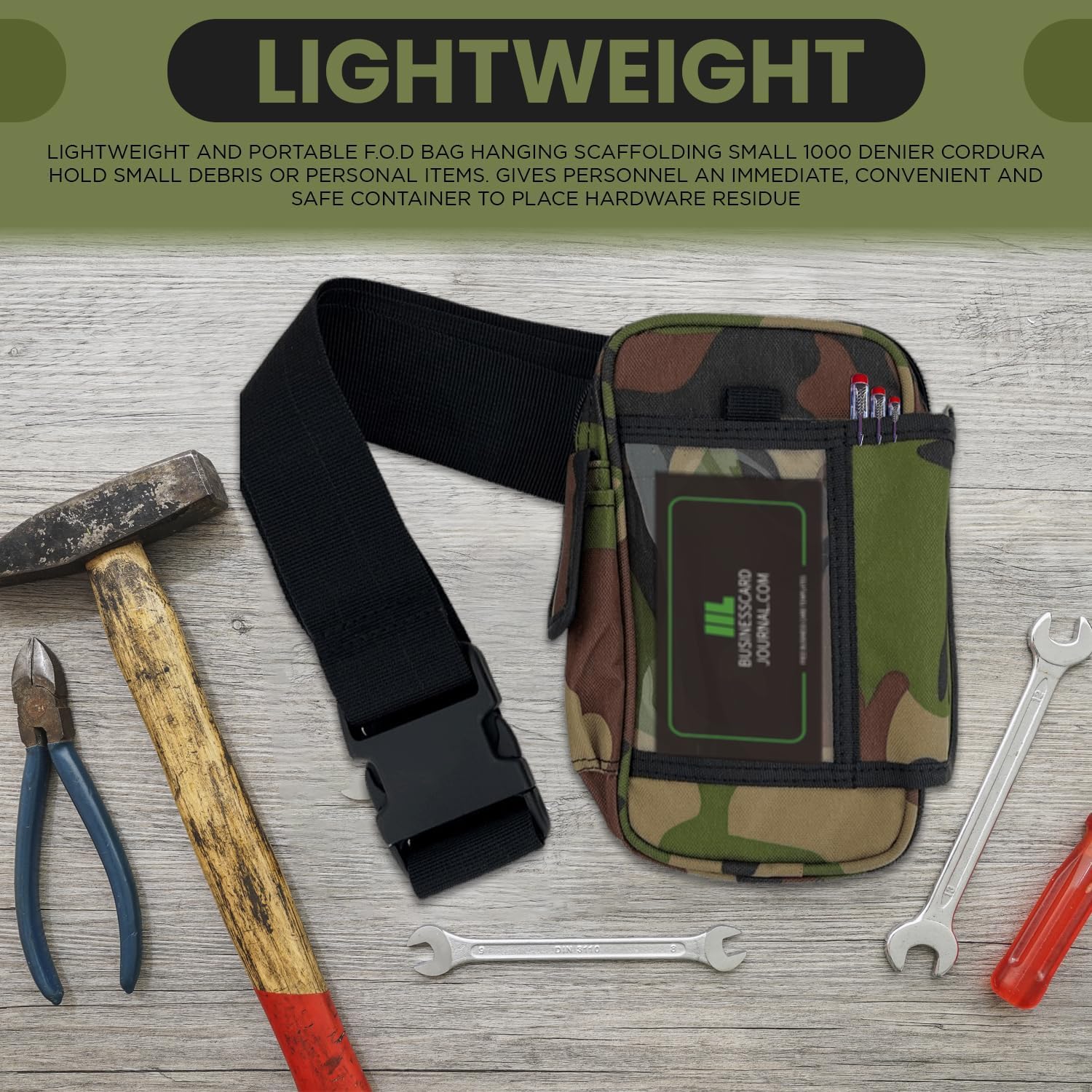 FOD Camo Tool Bag with Multiple Pockets & Adjustable Belt - Fod tool with Clear ID Pouch Suitable for Aerospace, Aviation Industry- Help Eliminate Foreign Object Debris- FOD Bags Belt Personal Fod Bag