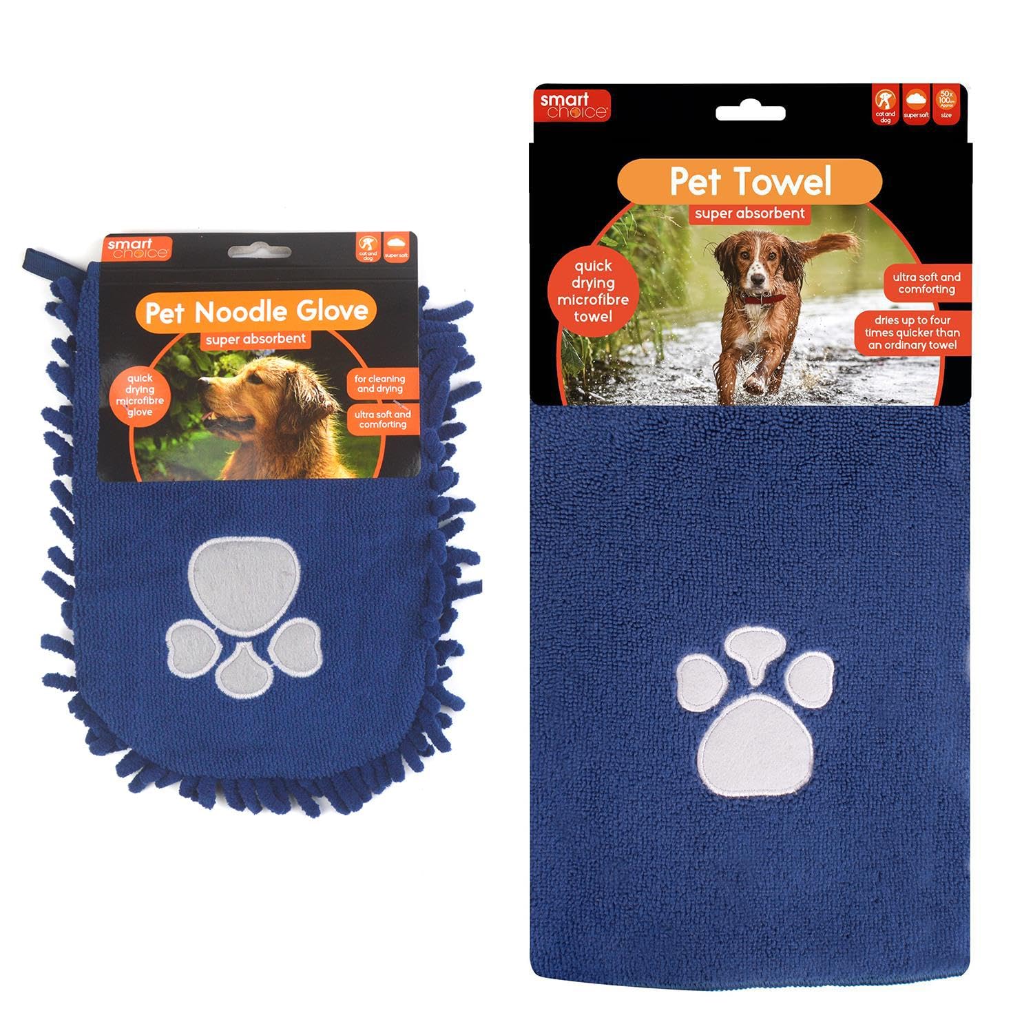 YöL Microfibre Pet Towel and Mitt Set - Blue Quick Drying Microfibre Pet Dog Puppy Bath Shower Absorbent Material Noodle Glove