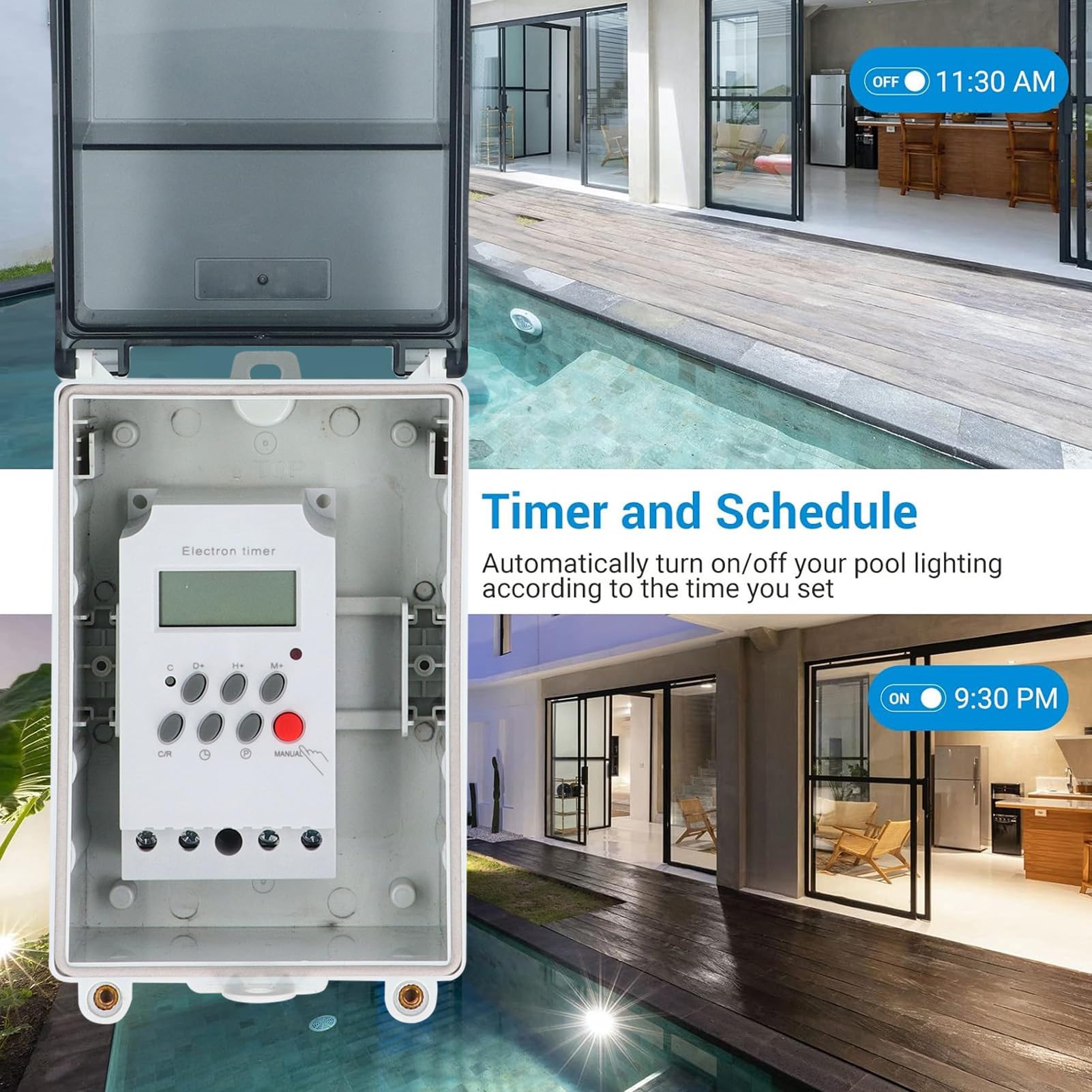 Poolpumpen-Timer, Programmierbarer Zeitschalter, 7 Tage 28 EIN-Aus-Zeitpläne, IP67 Wasserdicht, PC-Gehäuse, Passwortsperre, für Warmwasserbereiter, Spa, Licht, Motor