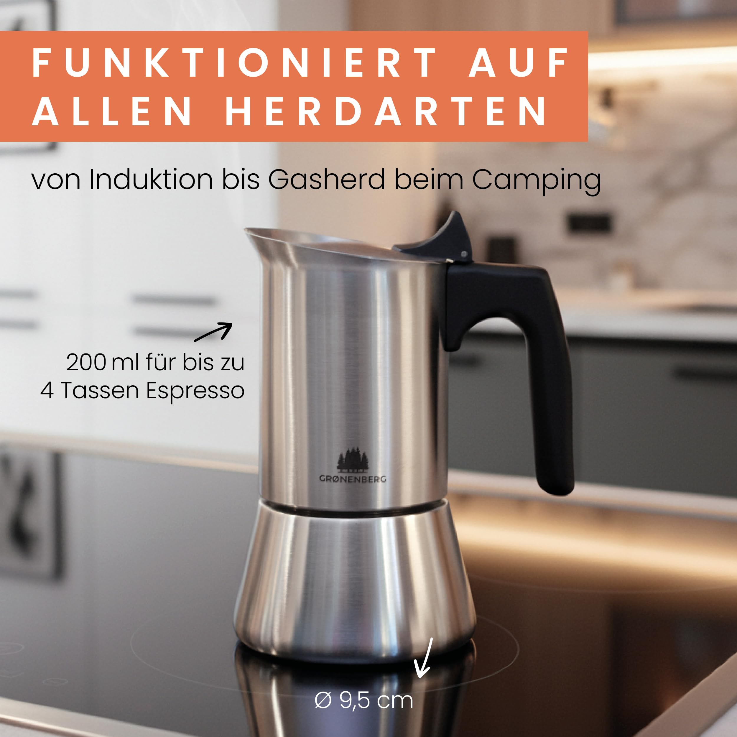 Groenenberg Spar Set 5 | Espressokocher Induktion 4 Tassen + Espressotassen aus Edelstahl | Espressokanne (200ml)