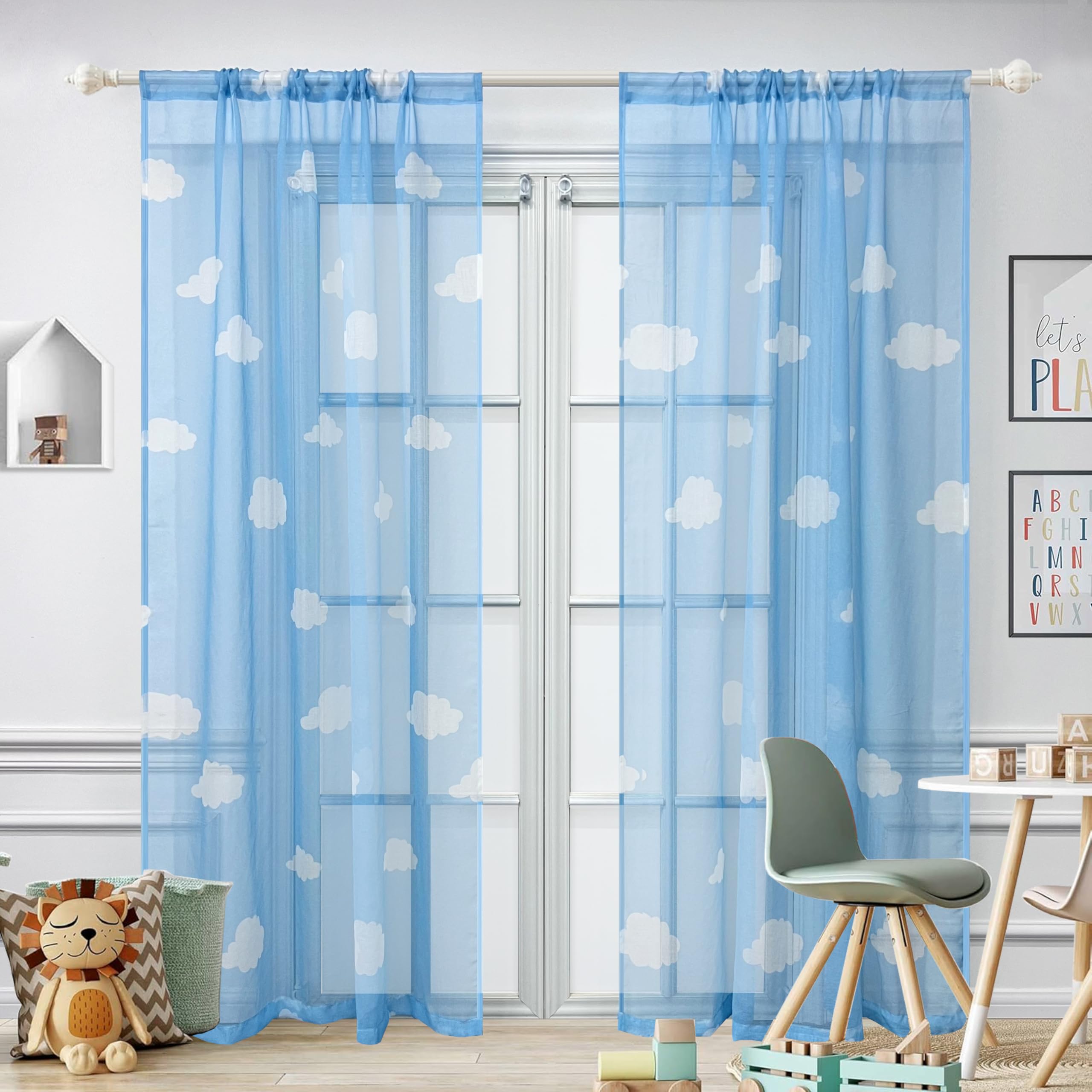 WINYY Blue Sky White Cloud Sheer Curtain Panel for Kids Bedroom Living Room Kitchen Tulle Drapery Curtain for Rod Pocket Top Window Yarn 1 Panel W42 x H63 inch