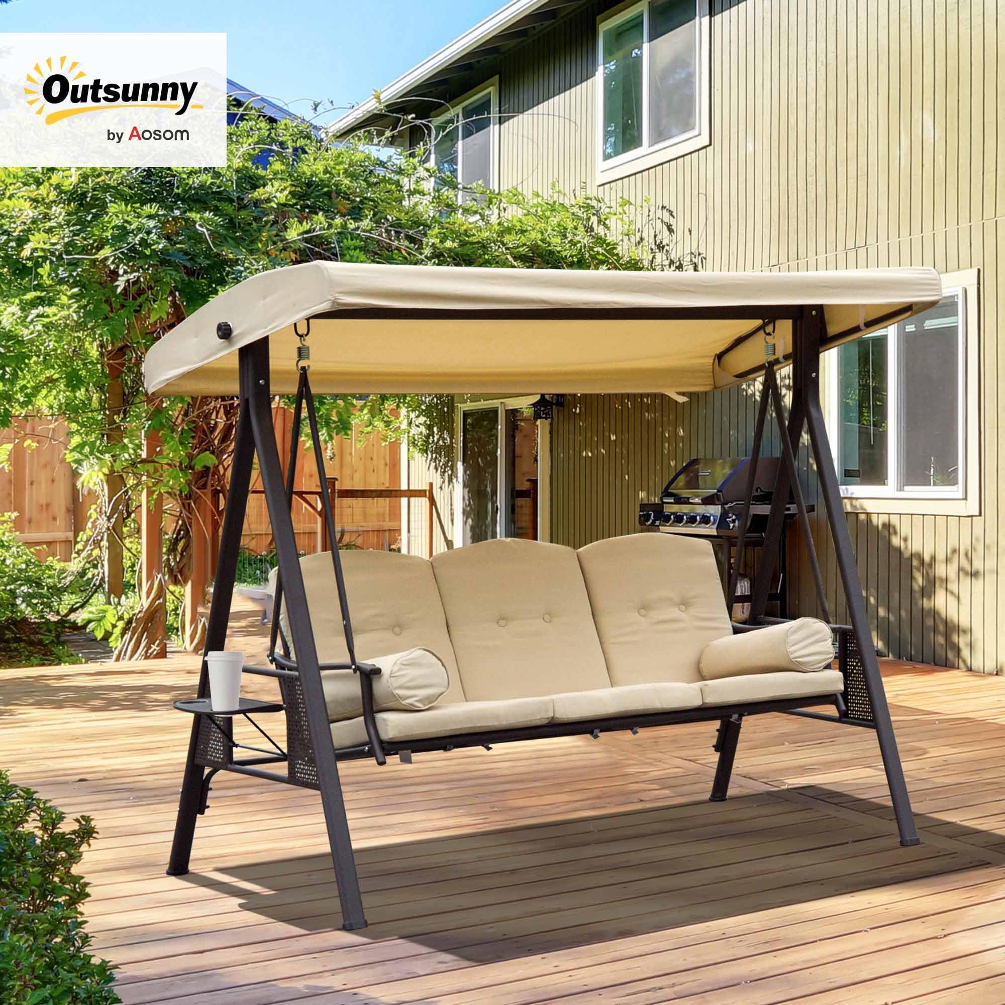 Outsunny 3-osobowa huśtawka z daszkiem huśtawka ogrodowa z daszkiem przeciwsłonecznym poduszka metal poliester beżowy + brązowy 120 x 208 x 172 cm