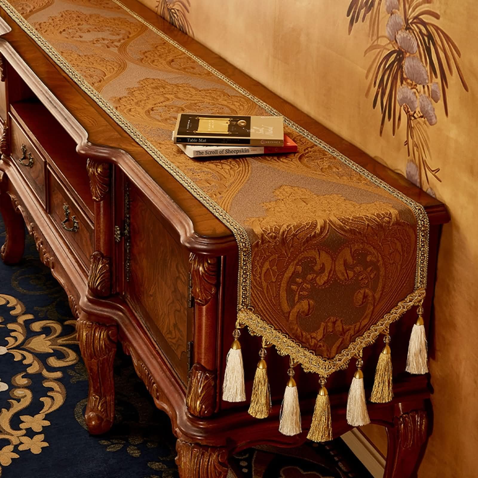 Runner Tavola Marrone con Motivi Floreali,Poliestere,35x240cm