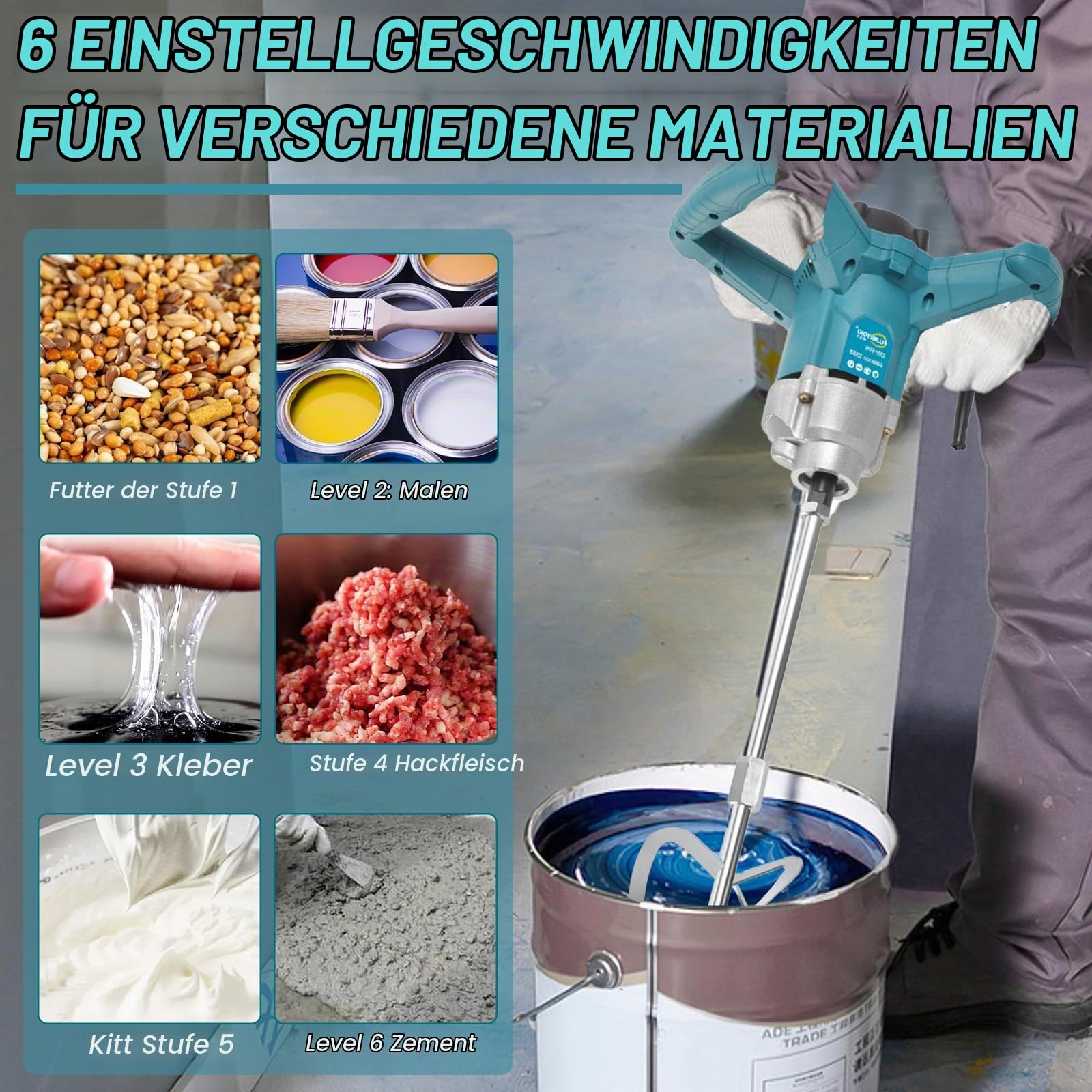 Akku Farbmörtelrührer Kompatibel mit Makita 18V Batterie,Elektrischer Mörtelrührer mit 6 Geschwindigkeiten,3200W Rührwerk max 1200r/min,Mörtelrührer für Zement,Beton und Farbe(ohne Akku)
