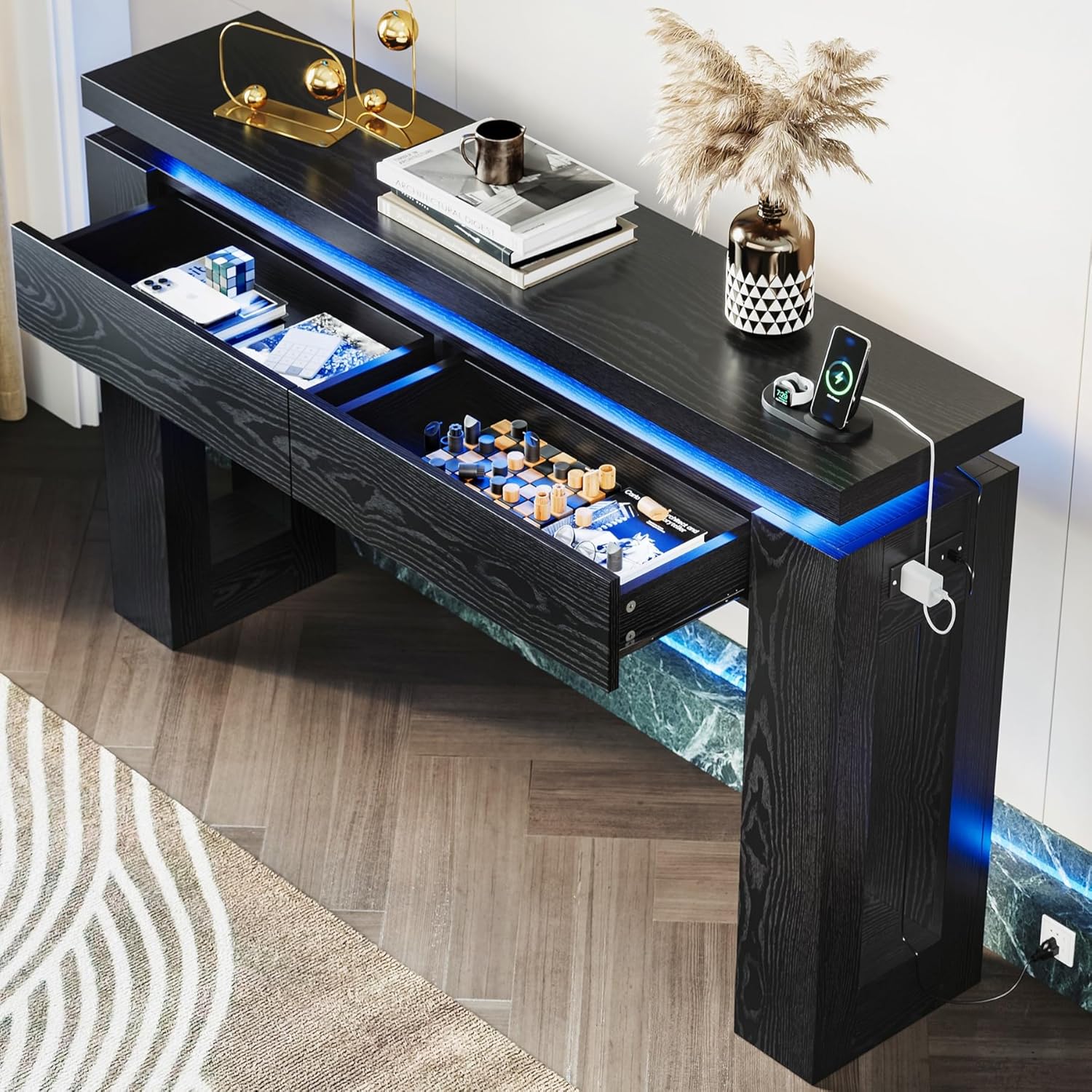LIKIMIO Console Table with Drawers, Modern Entryway Table with LED Lights and Charging Station, Narrow Sofa Table with Storage Behind Couch for Entrance, Hallway, Living Room, Black