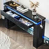 Console Table with Drawers, Modern Entryway Table with LED Lights and Charging Station, Narrow Sofa Table with Storage Behind Couch for Entrance, Hallway, Living Room, Black