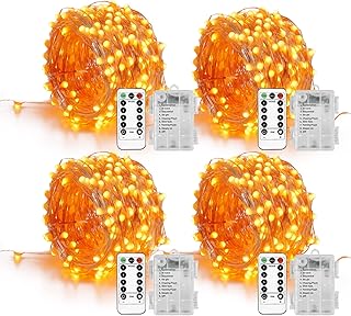 Homemory 4 Pack 20 Ft 60 LED Halloween Fairy Lights, Battery Operated Christmas Lights with Remote, Waterproof 8 Modes Firefly Twinkle String Lights for Party Halloween Decorations, Orange