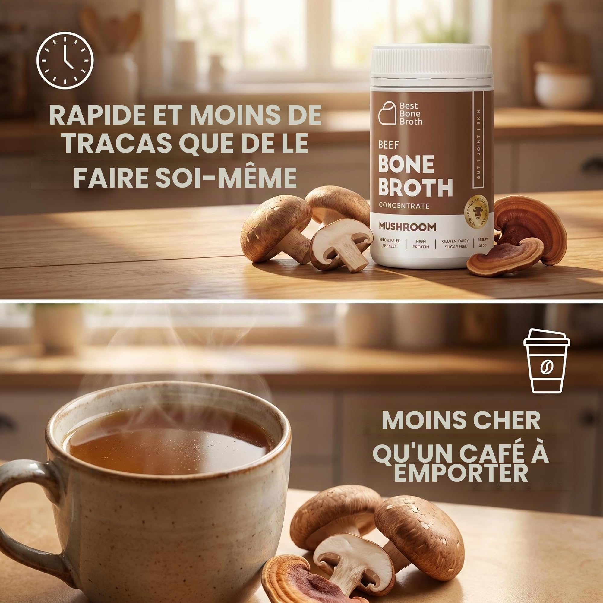 Concentré de bouillon d'os de bœuf nourri à l'herbe avec champignons | Keto, riche en protéines, sans gluten | 35 portions / 8,7 litres
