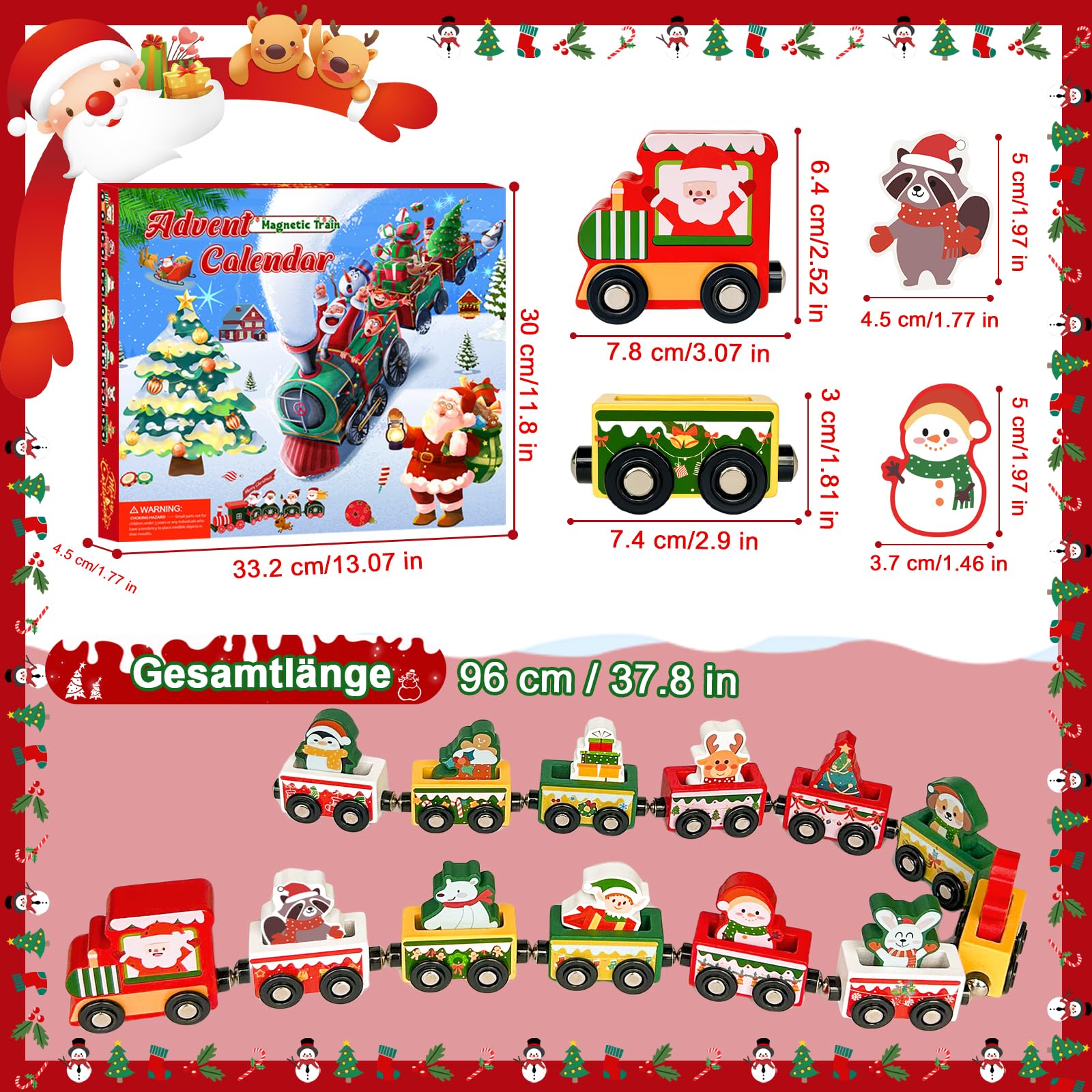 Calendario dell'Avvento 2025, in legno, per bambini, calendario dell'Avvento natalizio, treno, giocattolo in legno, 24 pezzi, regalo di Natale per ragazzi e bambine 3 anni