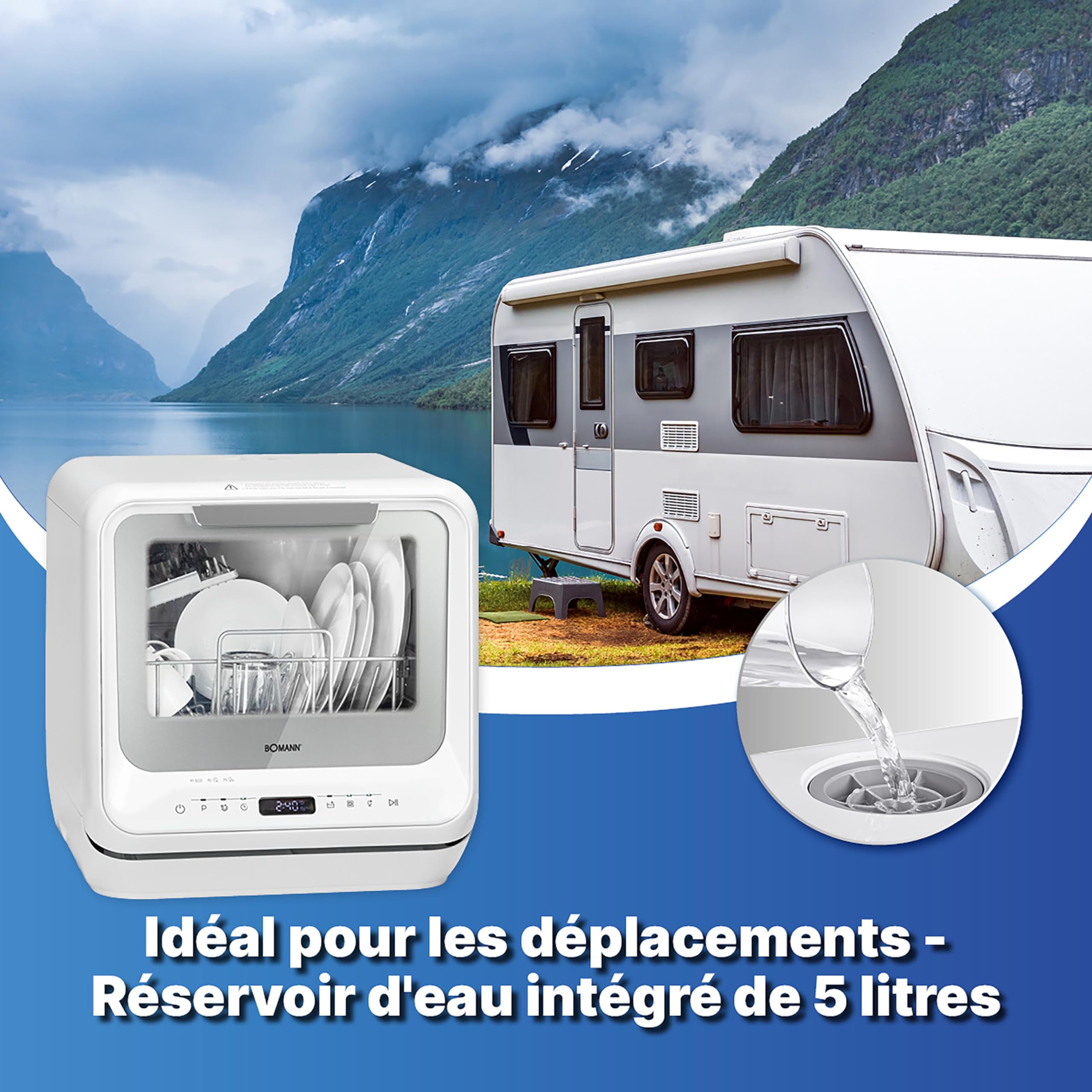 Bomann TSG 757010 Mini Lave-vaisselle avec ou sans raccordement à l'eau 5 programmes Réservoir d'eau 5L et éclairage intérieur 2 niveaux de pulvérisation Blanc