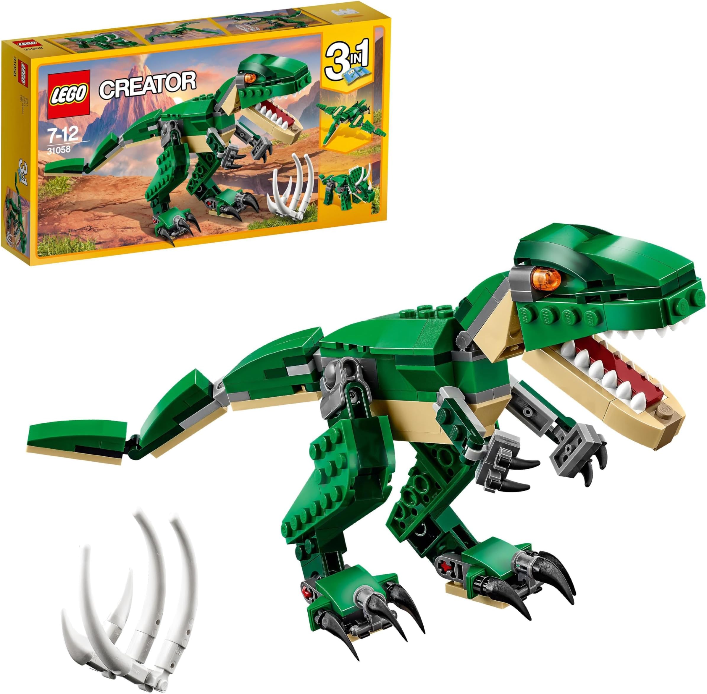 LEGO 31058 Creator Mighty Dinosaurs Toy, 3 in 1 Model, T. rex, Triceratops and Pterodactyl Dinosaur Figures, Gifts for 7-12 Year Old kids, Boys & Girls