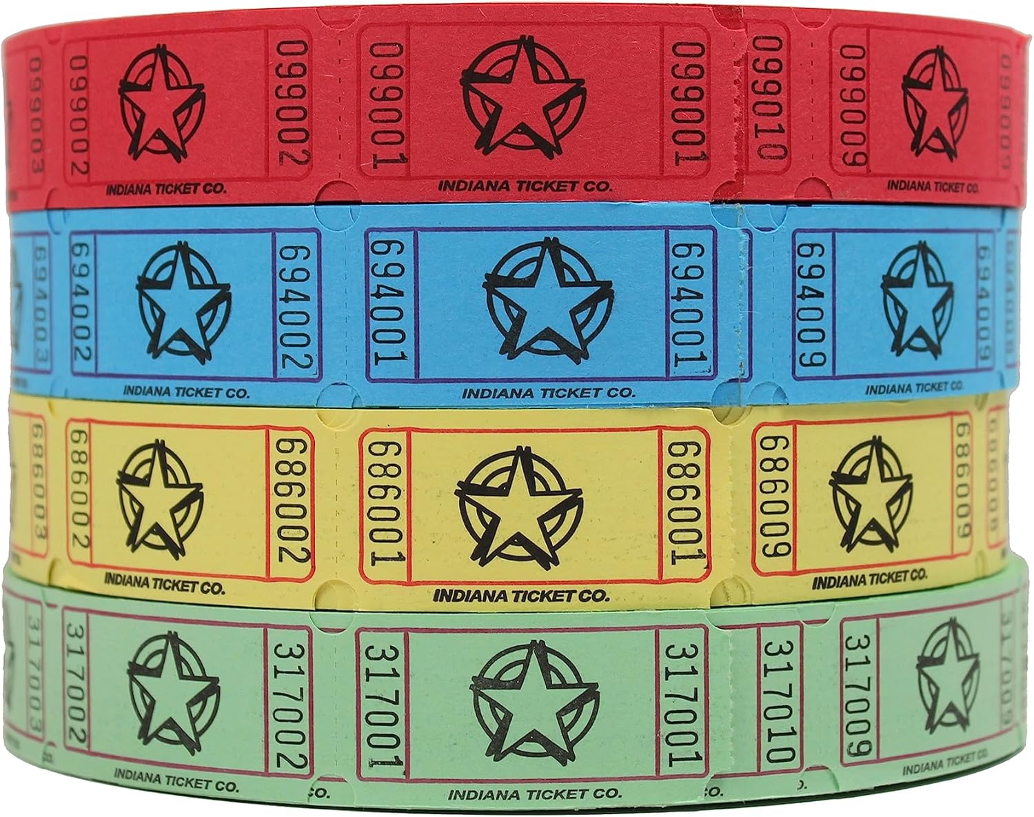INDIANA TICKET CO. Raffle Roll Tickets Star - 2000 Tickets Each in Blue, Red, Yellow, & Green (8000 Total) 1x2 Tickets Admission, Events, Fundraisers, Prizes, Classroom Rewards, (Pack of 4) A - Assorted - Star