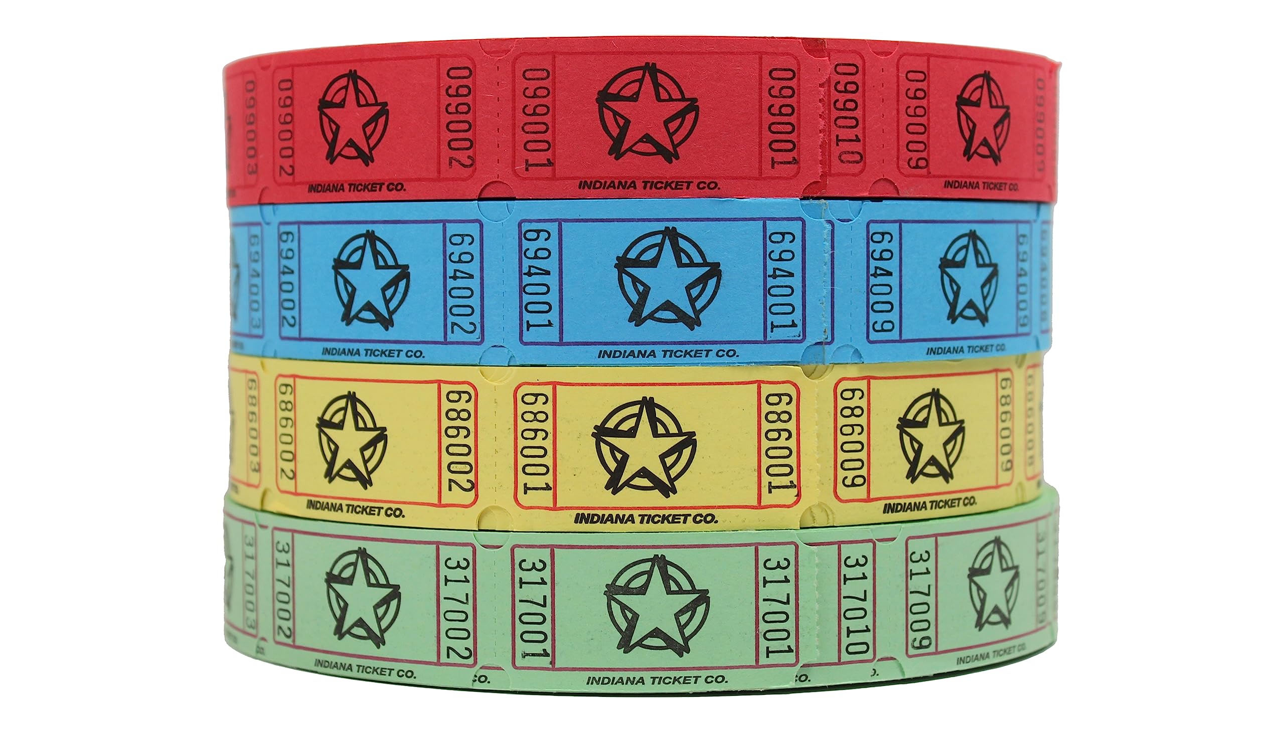 INDIANA TICKET CO. Raffle Roll Tickets Star - 2000 Tickets Each in Blue, Red, Yellow, & Green (8000 Total) 1x2 Tickets Admission, Events, Fundraisers, Prizes, Classroom Rewards, (Pack of 4)