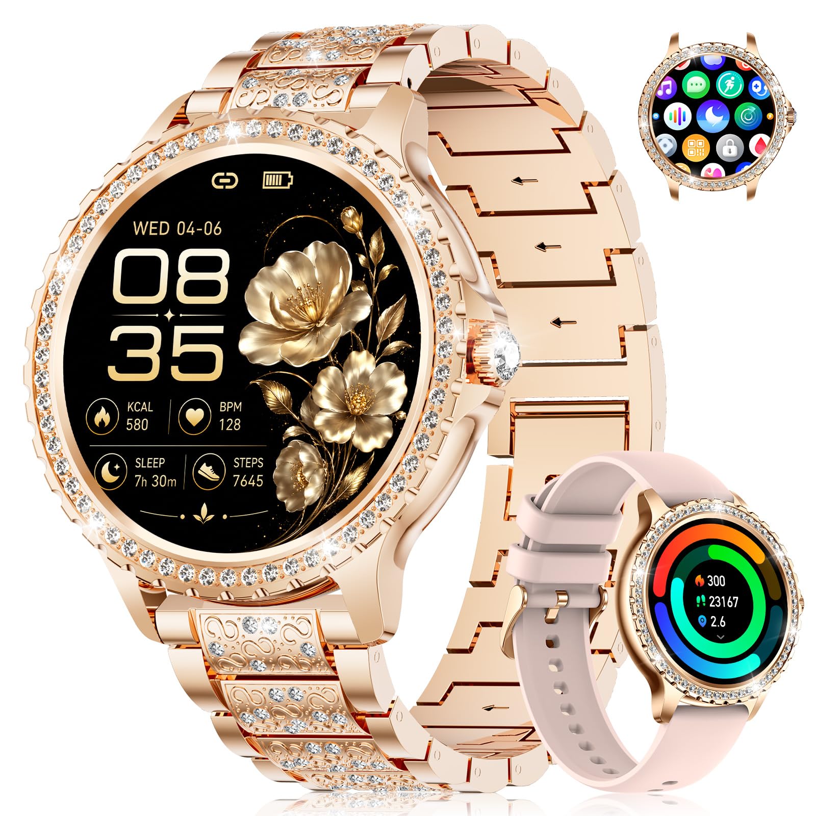 Montre Connectée Femme Strass, 1,32" 9mm Fin, Appels & Sports, Rose Doré | Appels/Notifs Bluetooth, iOS/Android, Cardio/SpO2/Tension/Sommeil/Cycle, 100+ Sports, IP68, Batterie 250 mAh, 3-5 Jours