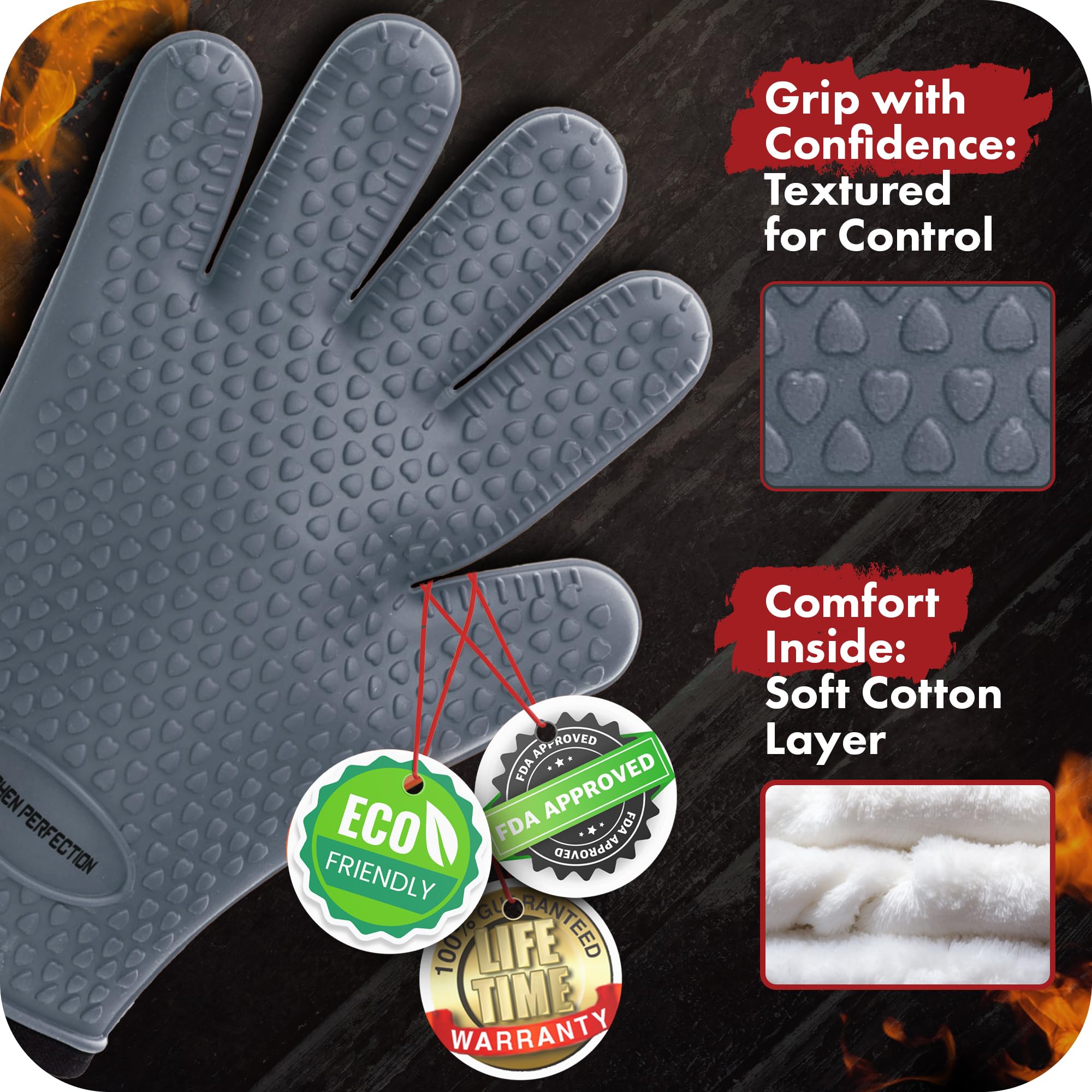 Kitchen perfection XL Silicone Smoker Oven Gloves-Extreme Heat Resistant BBQ Gloves-Handle Hot Food Right on Your Grill Fryer&Pit|Waterproof Grilling Cooking Baking Mitts|Superior Value Set+3 Bonuses
