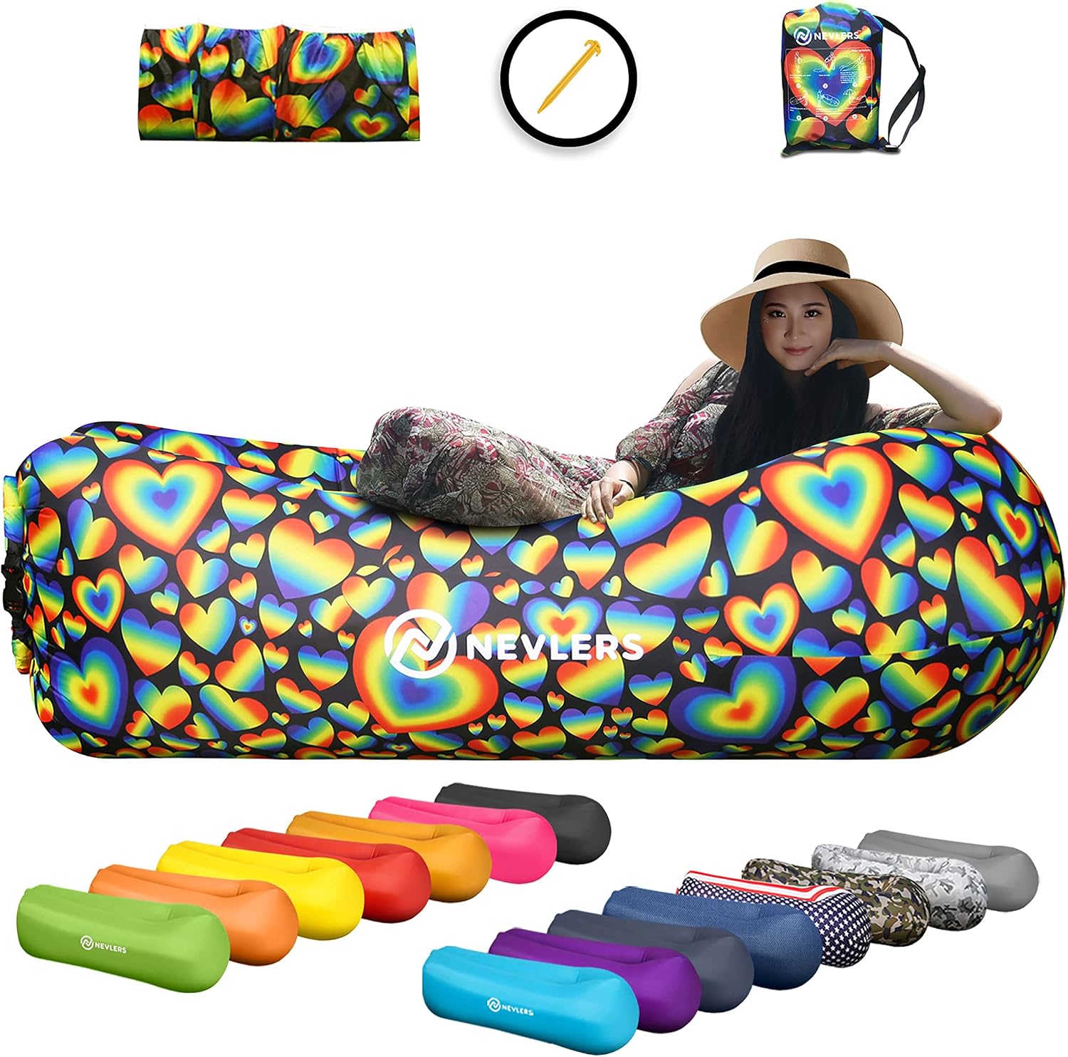 Nevlers Inflatable Lounger Air Couch | Great as Beach Chair Camping Chairs or Lounge Chair & Includes Travel Bag Pouch and Pockets | Easy to Use Camping Accessories