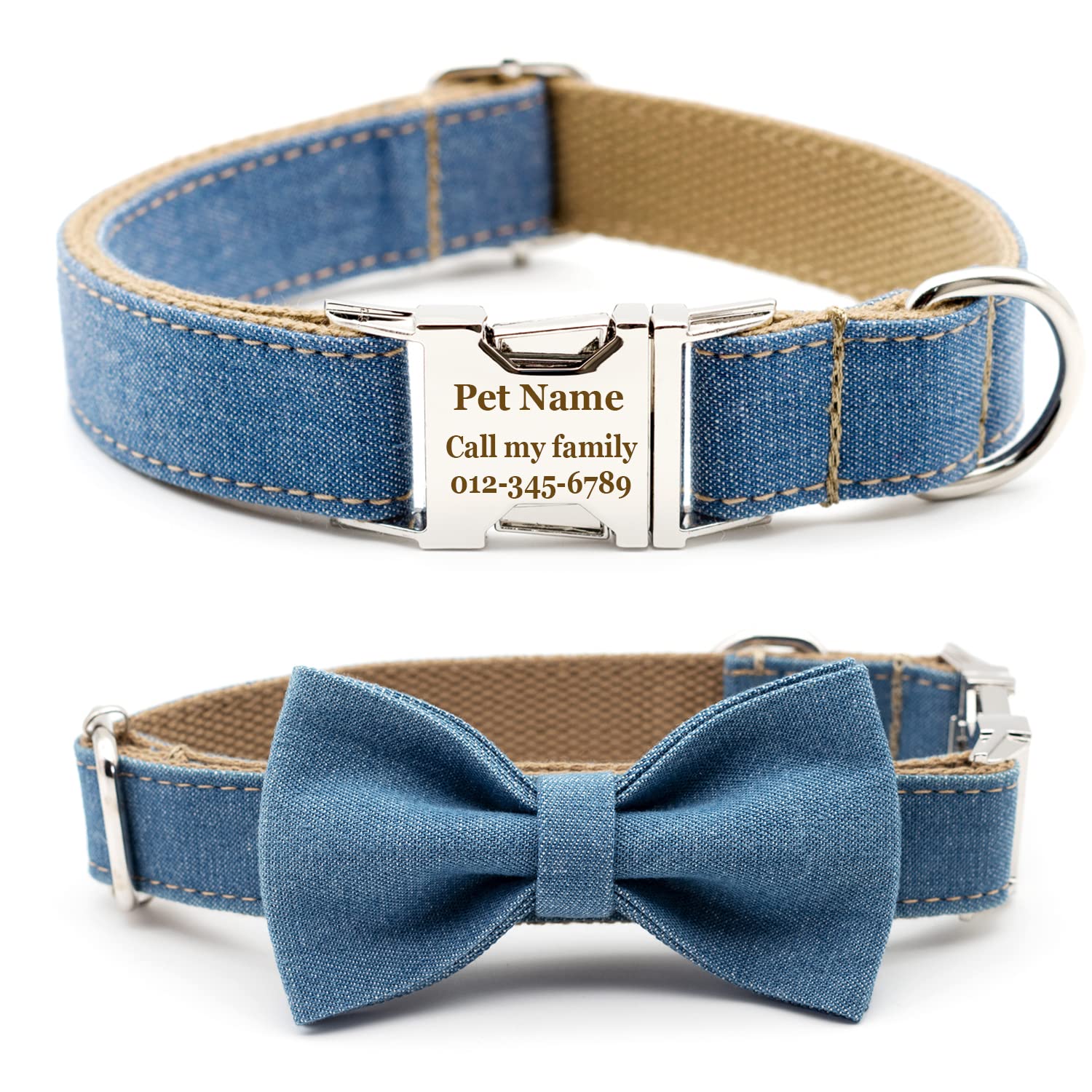 Personalized Dog Collar with Bowtie, Engraved Collar with Customized Text for Large Medium Small Dogs (Blue Denim)