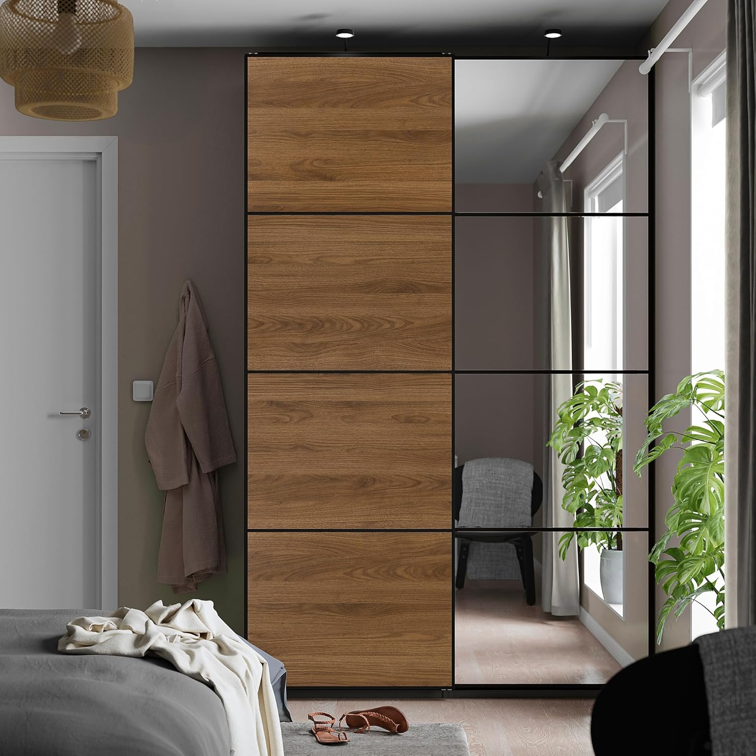 MEHAMN/AULI Pair of Sliding Doors, Black Mirror Glass/Double Sided Walnut, 150x236 cm