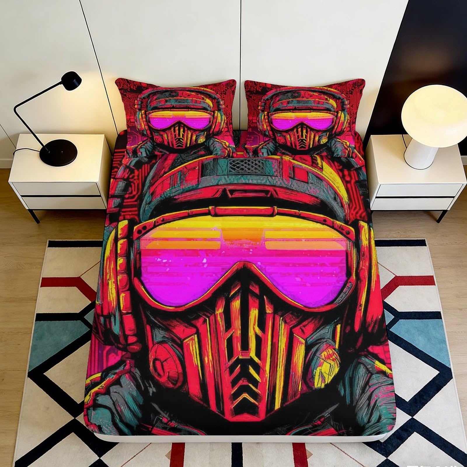 3D Printed Cyberpunk Mask Fitted Sheet Microfiber Vibrant Neon Bed Cover for Bedroom Dorm Easy Maintenance 90x200x25cm