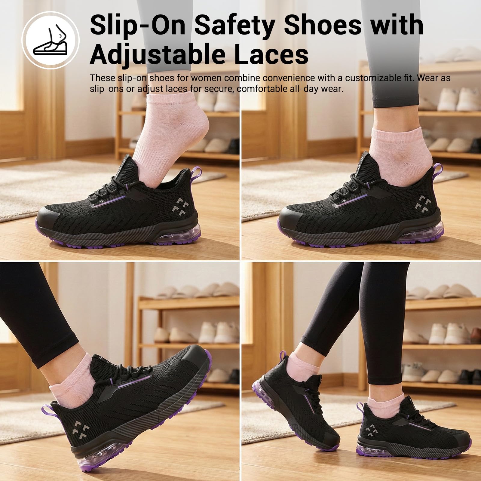 SPIEZ Zapatos Seguridad Mujer Air Cushion Slip-On Punta Composite Soporte Arco Negro-Morado EU 35-41
