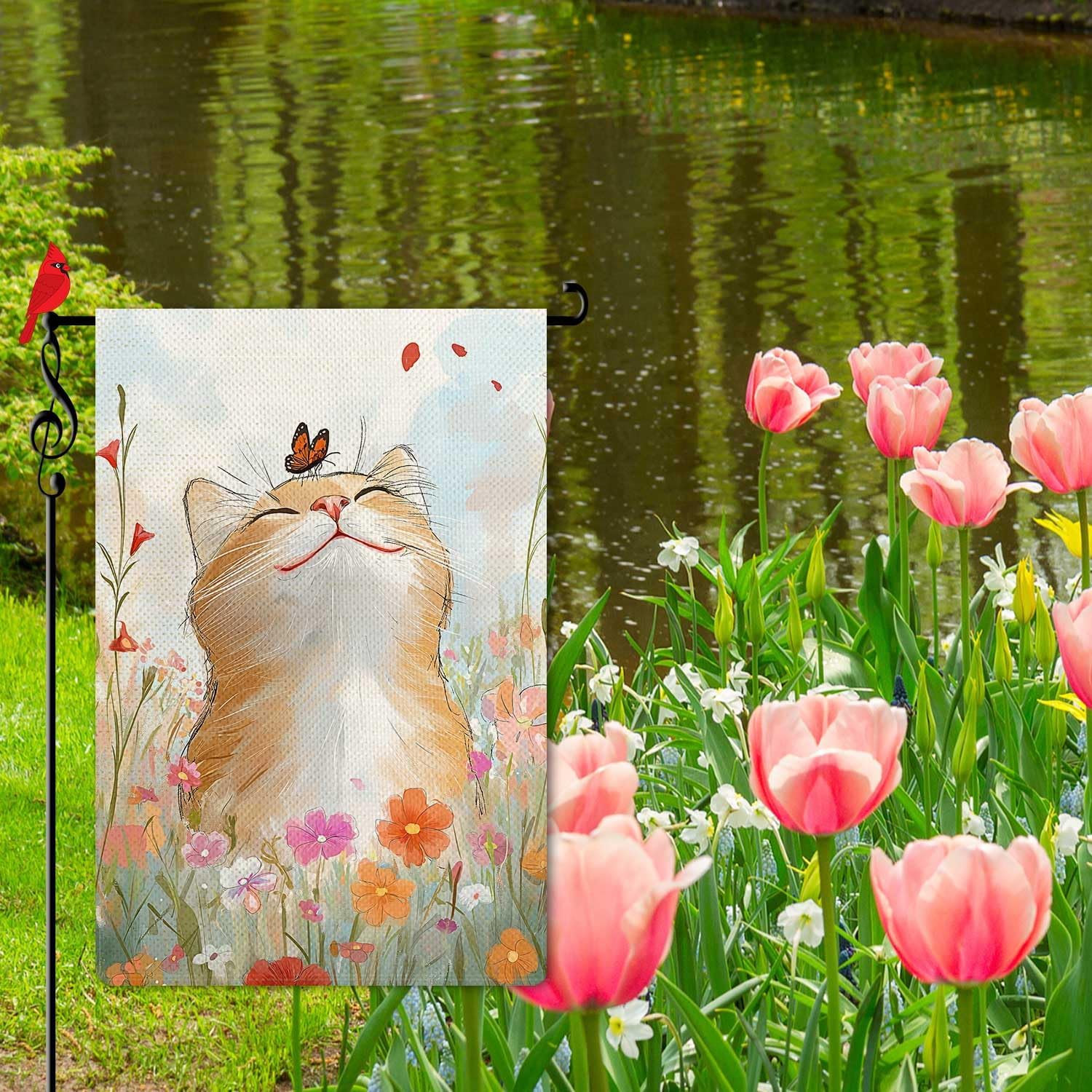 Spring Cute Cat with Butterfly Garden Flag Spring Summer Floral Flower Small Flag for Outside Burlap Double Sided Farmland Welcome Yard Lawn Winter Decor 12.5x18" - Image 2