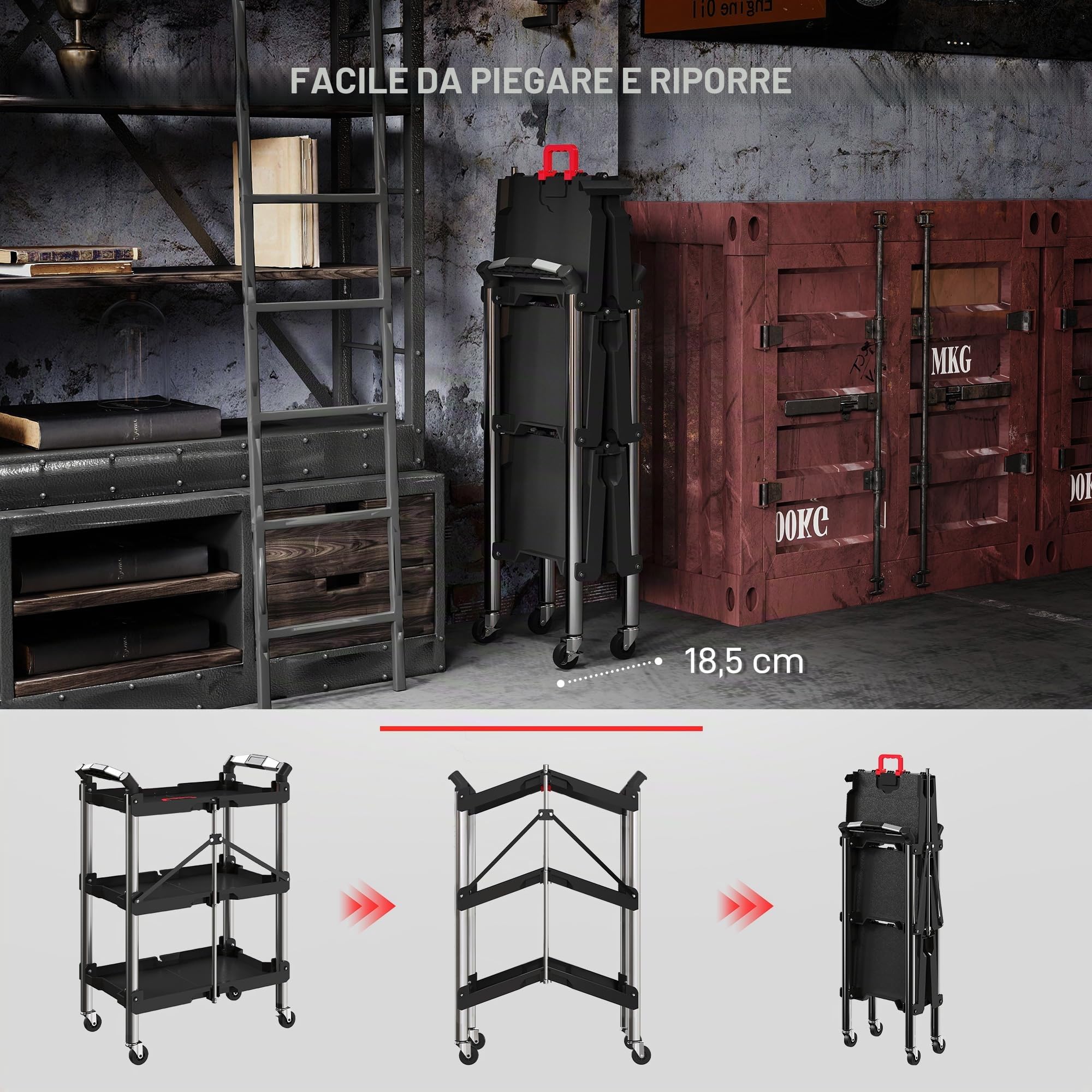 HOMCOM Carrello attrezzi pieghevole 3 livelli, ruote, 150 LBS, nero | Carrello utility pieghevole con maniglie, organizer servizio mobile, per garage magazzino officina.