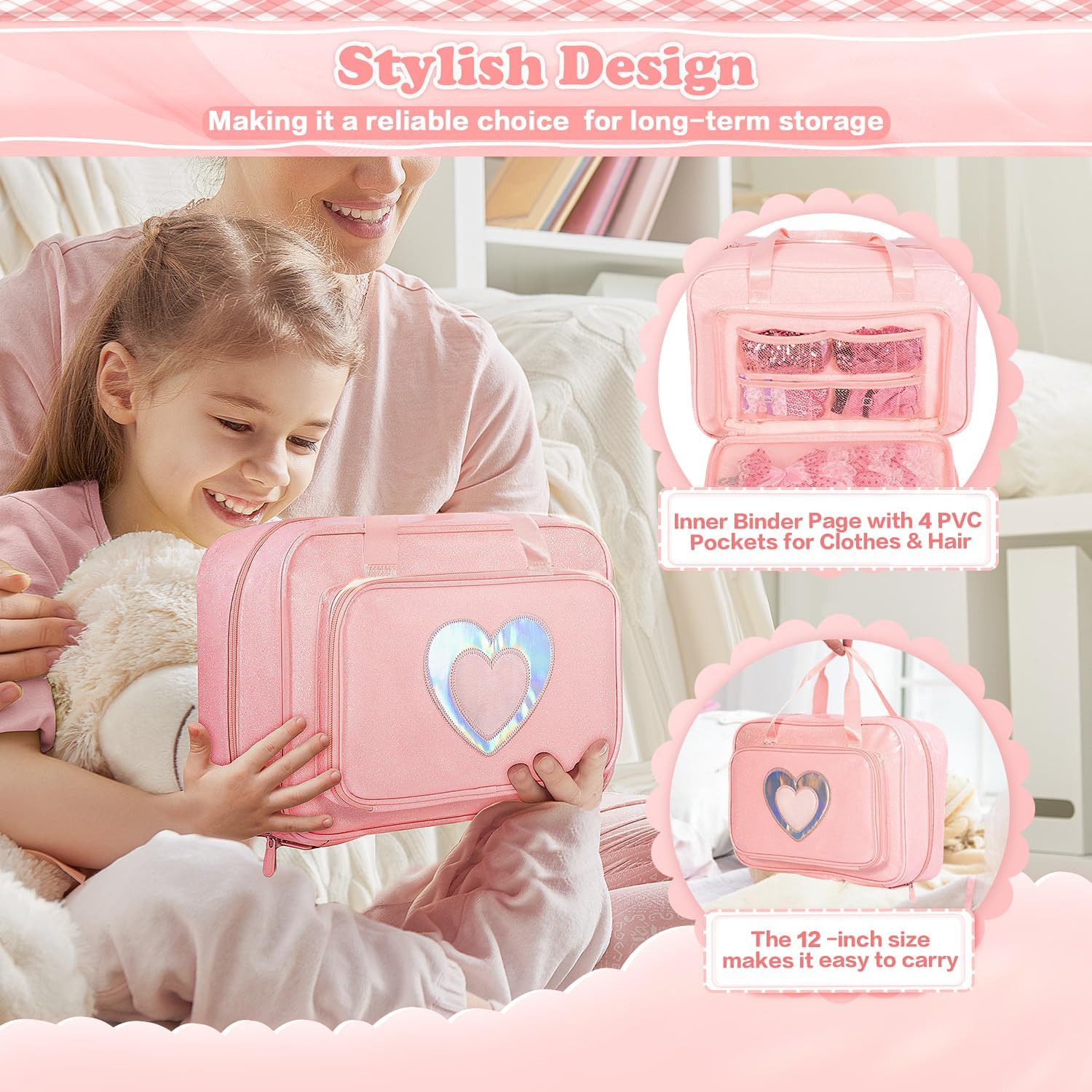 Carrying Case Compatible with Barbie Dolls 12-Inch, Storage Organizer with Handle Holds up to 6 Dolls,Multiple Pockets for Accessories,Toy Storage Box, Pink,Bag Only