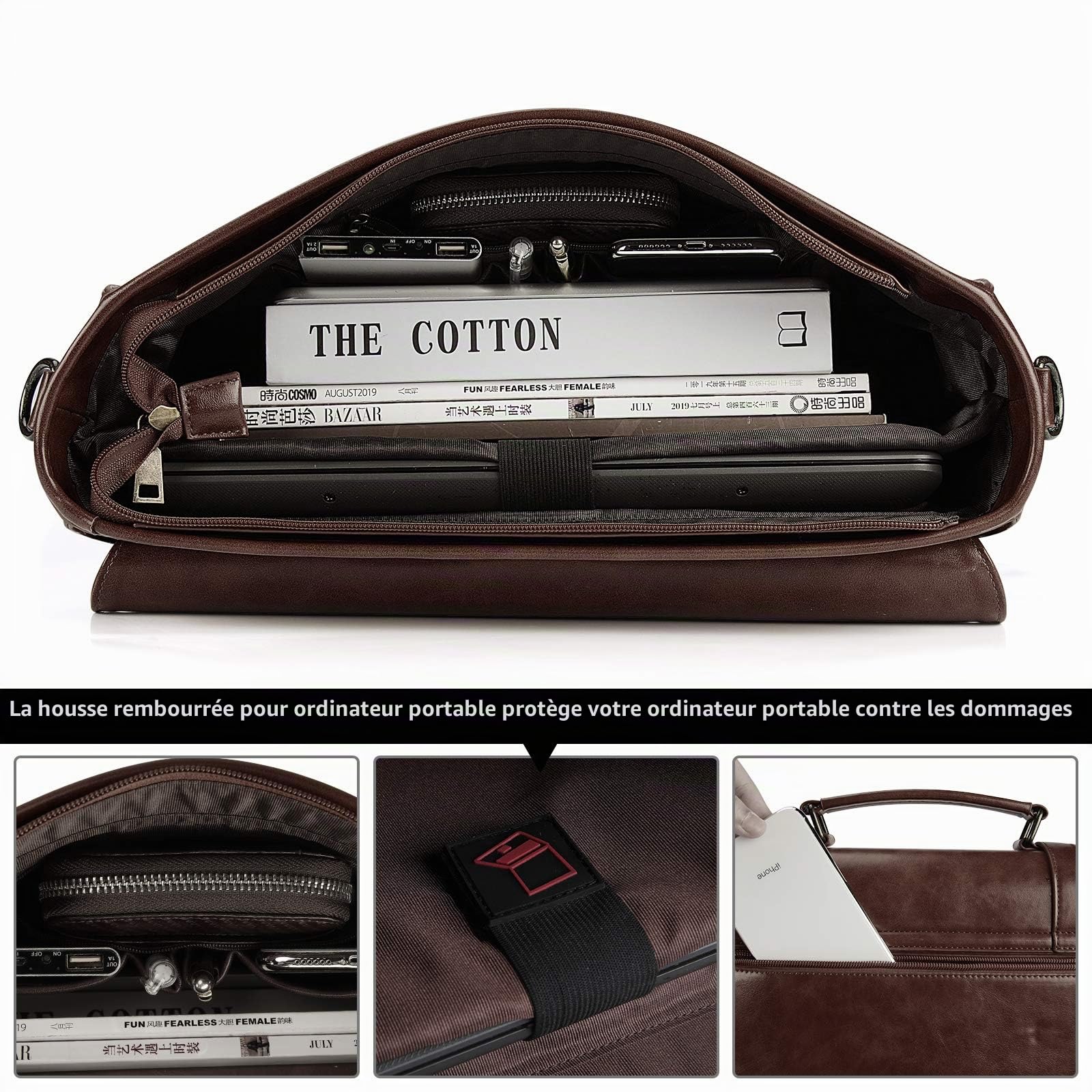 Lubardy Sacoche Ordinateur Portable 15,6 Pouces Cuir PU Sac à Main Imperméable Sac à Bandoulière Homme Sac Messenger Mallette de d'affaires Travail