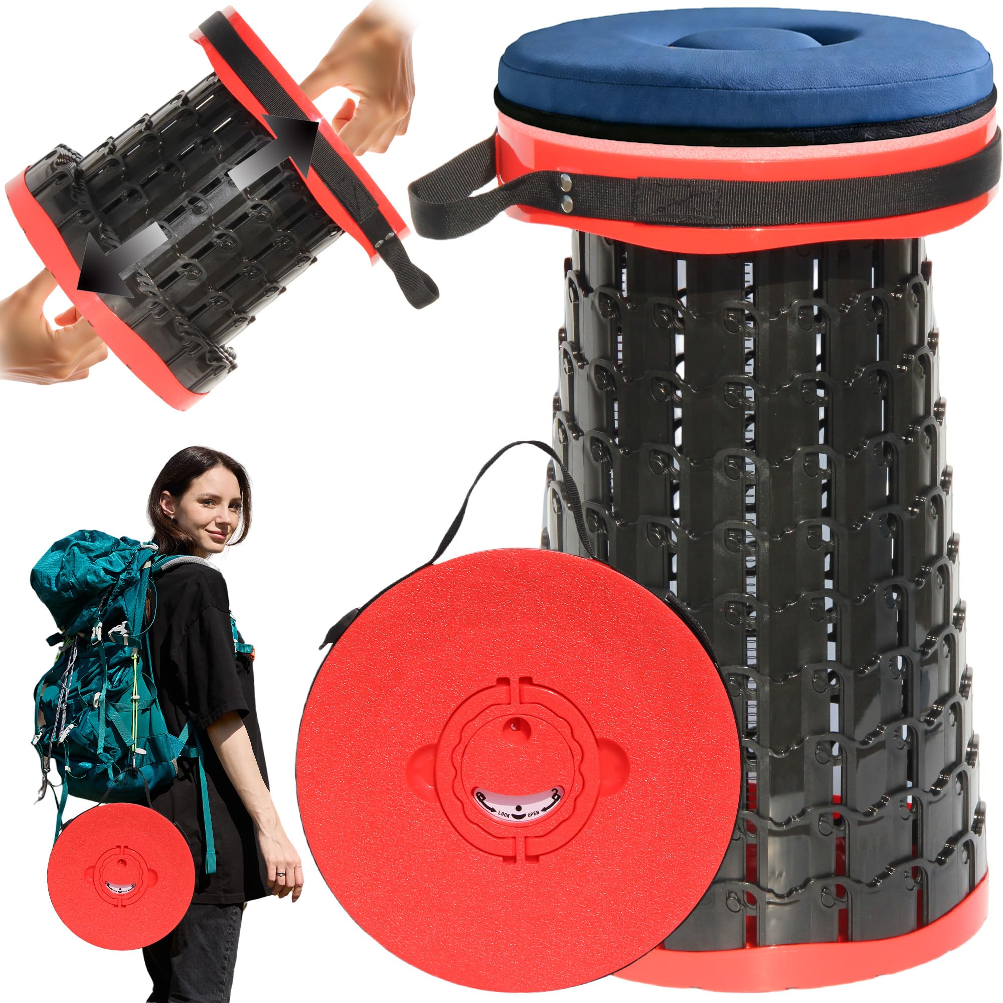 2026 Upgraded XXL Collapsible Stool with Thick Cushion,19.7"H-11.8"D Telescoping Folding Stool for Adults, More Sturdy Camping Stools with Load